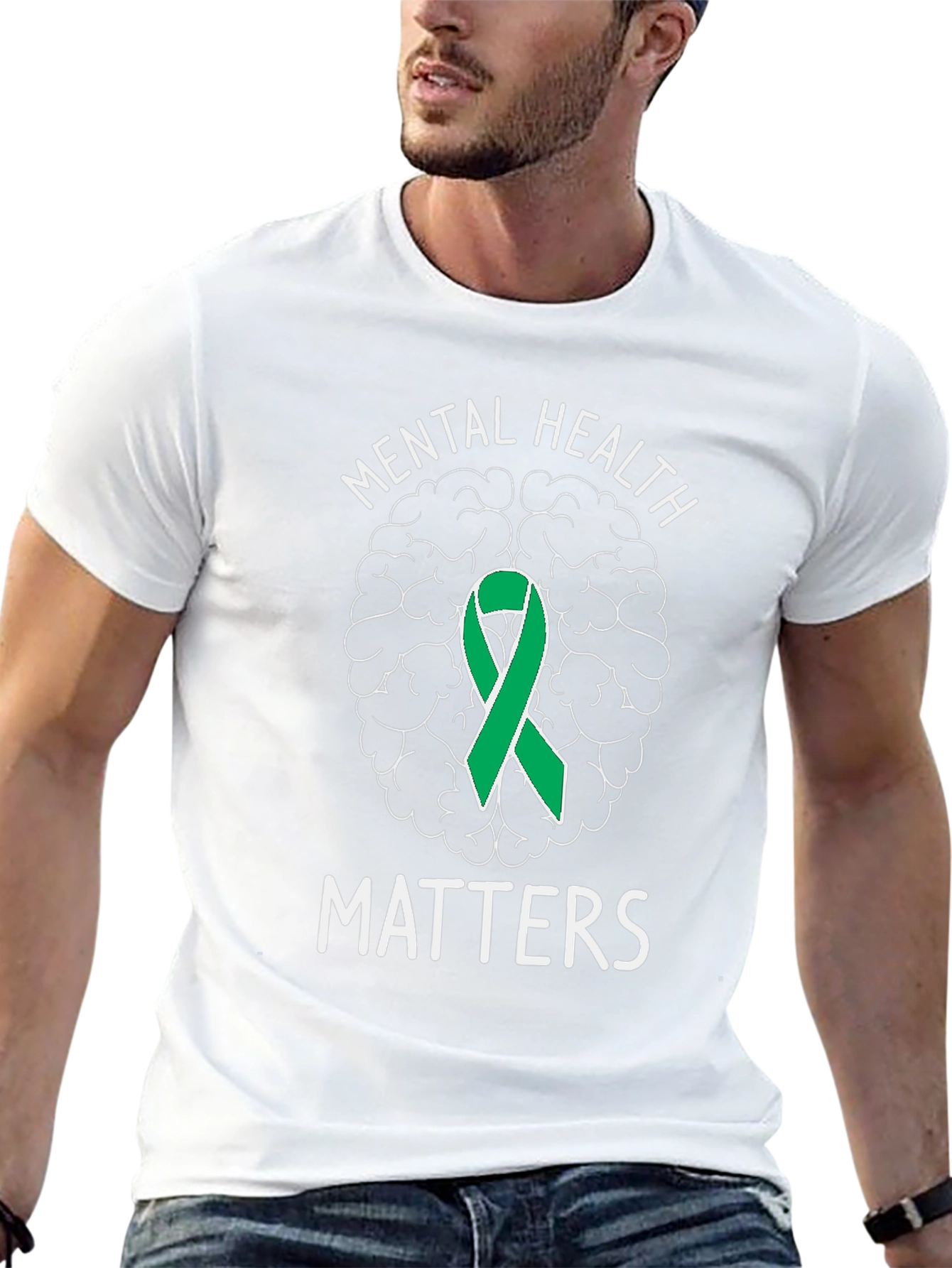 Mental Health Matters T-Shirt with Brain & Ribbon Graphic