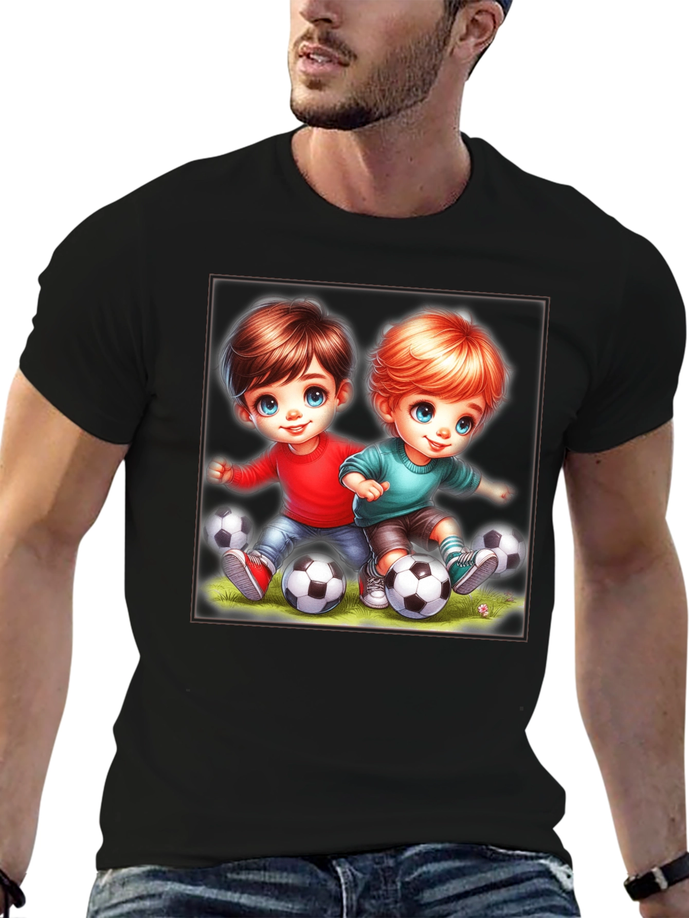 Kids Soccer Cartoon Black T-Shirt