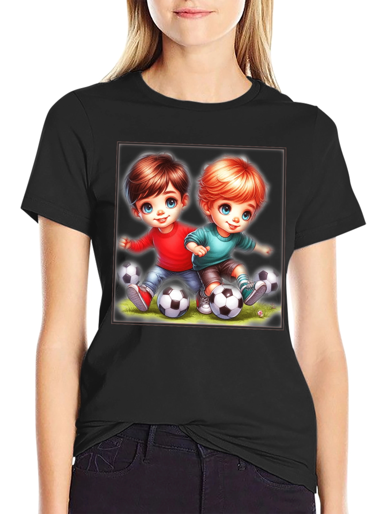 Kids Soccer Cartoon Black T-Shirt