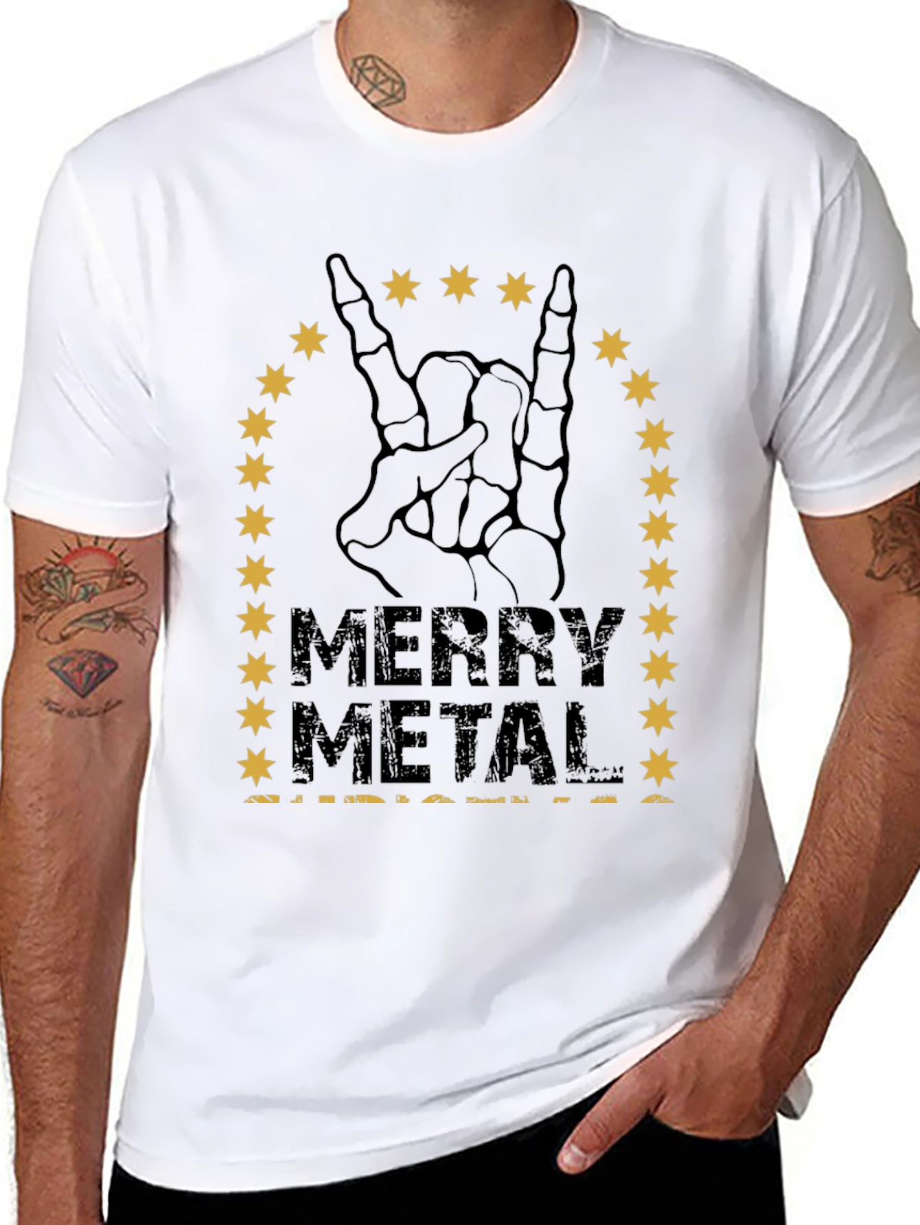 Merry Metal T-Shirt Skeleton Hand Rock Sign