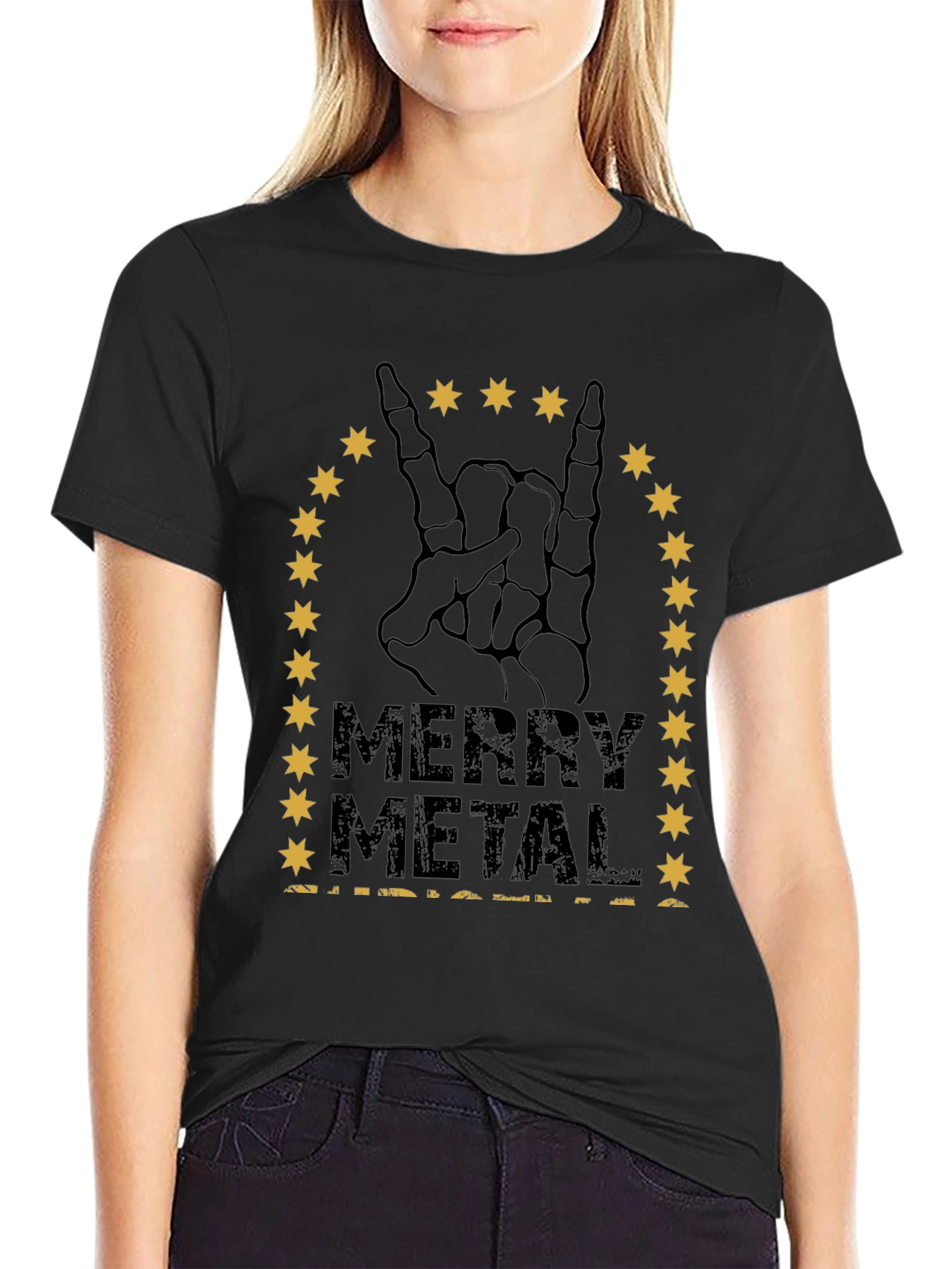 Merry Metal T-Shirt Skeleton Hand Rock Sign