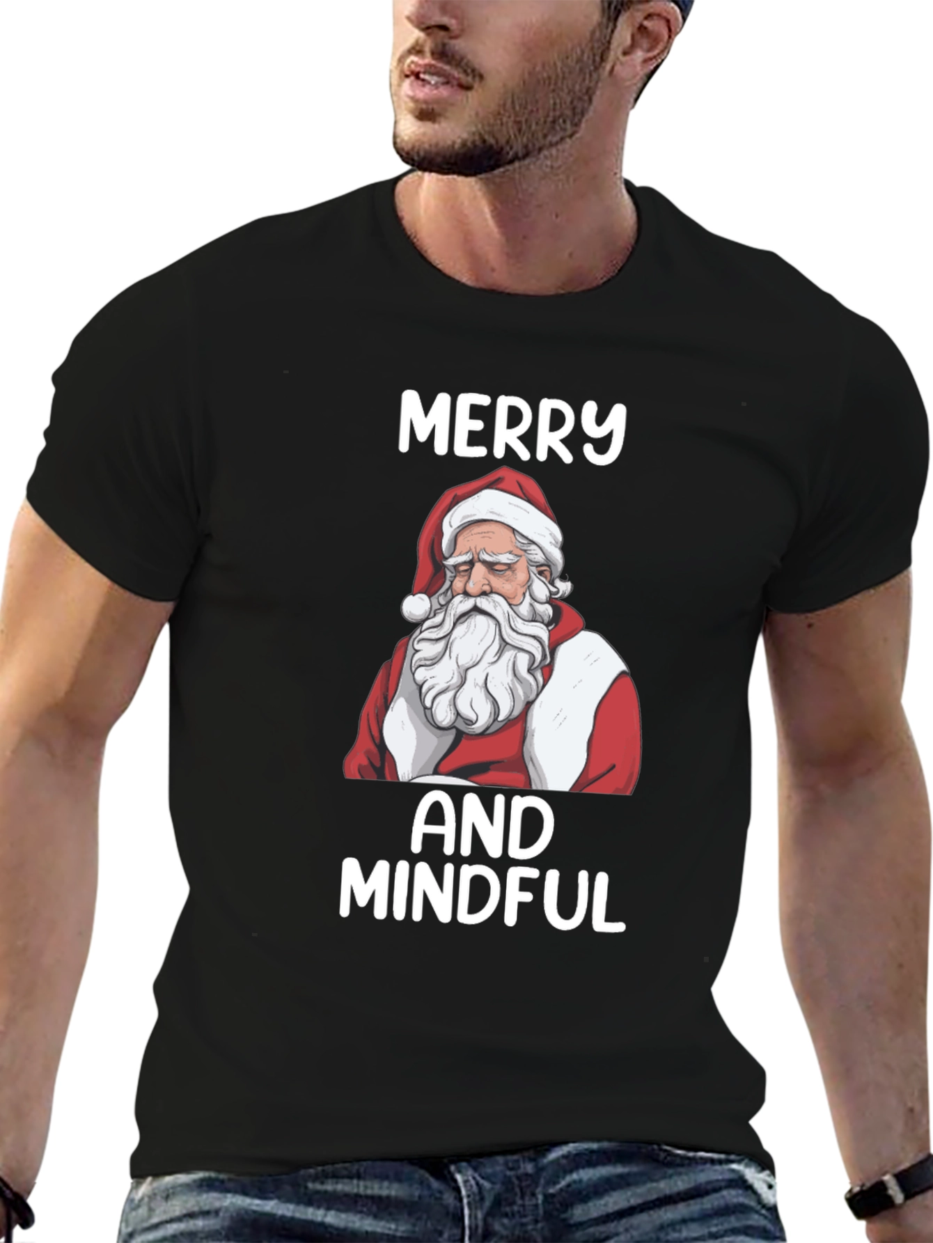 Merry and Mindful Santa T-Shirt - Black