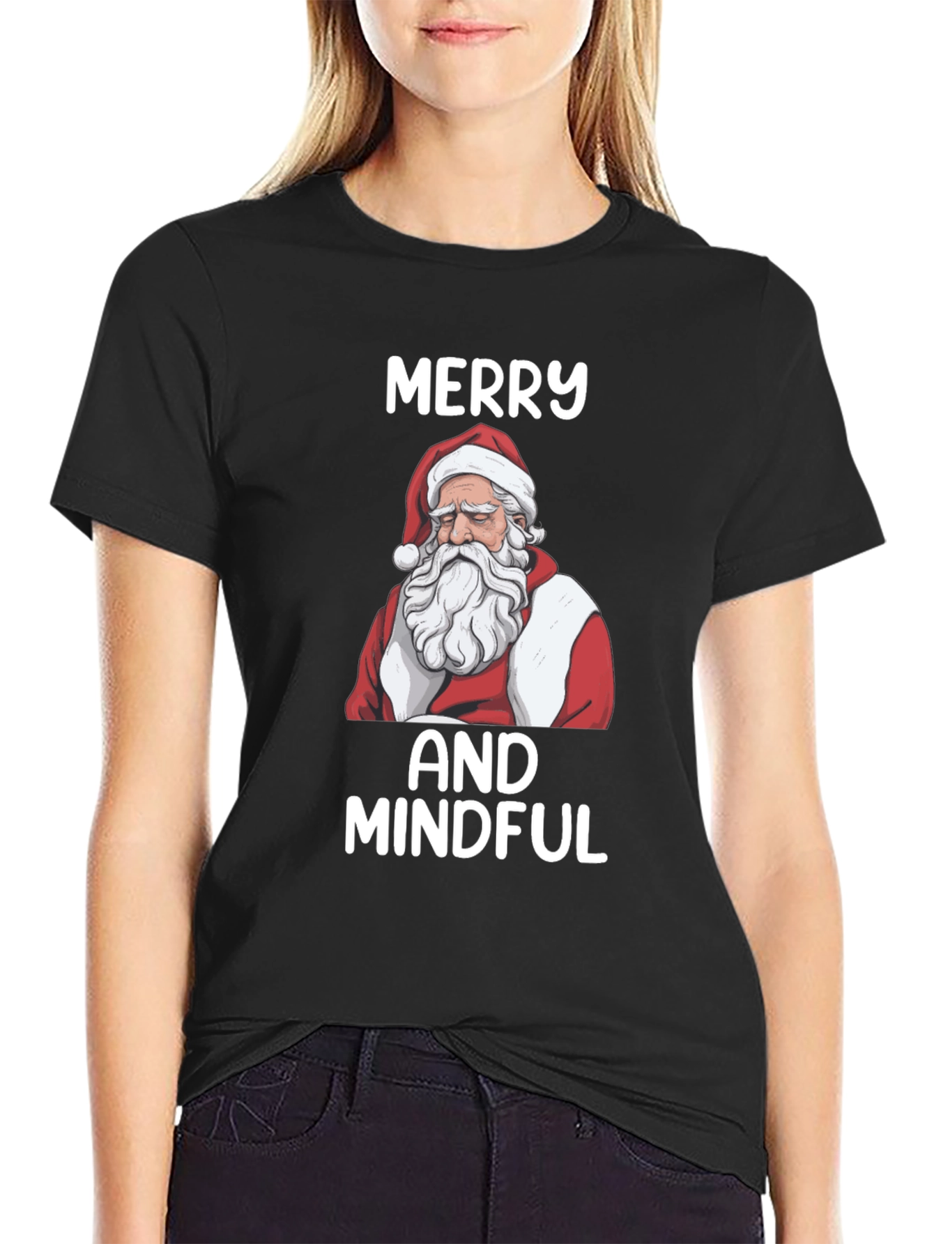 Merry and Mindful Santa T-Shirt - Black