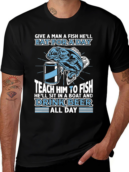 Fishing & Beer Graphic T-Shirt - Teach a Man to Fish