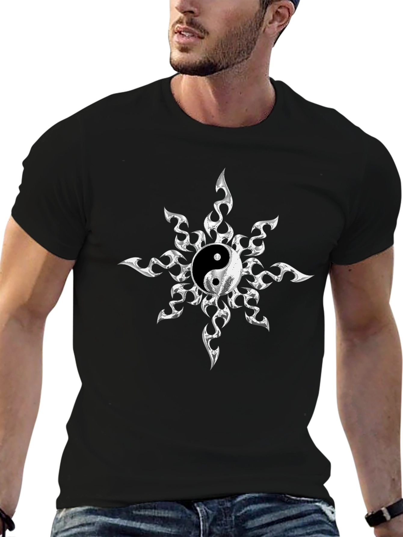 Yin Yang Sunburst Graphic Tee - Black Cotton Blend