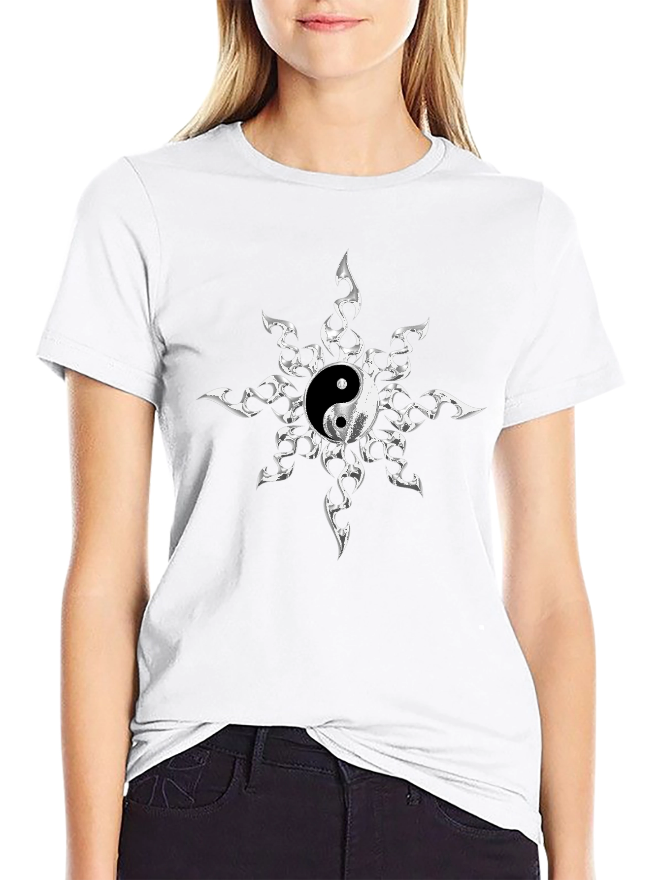 Yin Yang Sunburst Graphic Tee - Black Cotton Blend