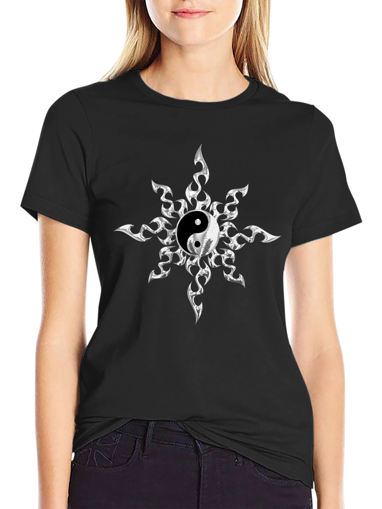 Yin Yang Sunburst Graphic Tee - Black Cotton Blend