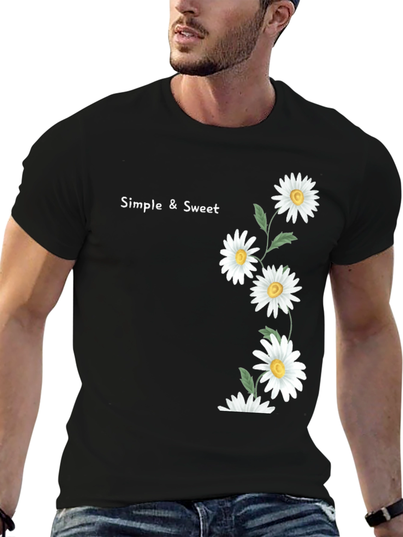 Simple & Sweet Daisy Graphic Black T-Shirt