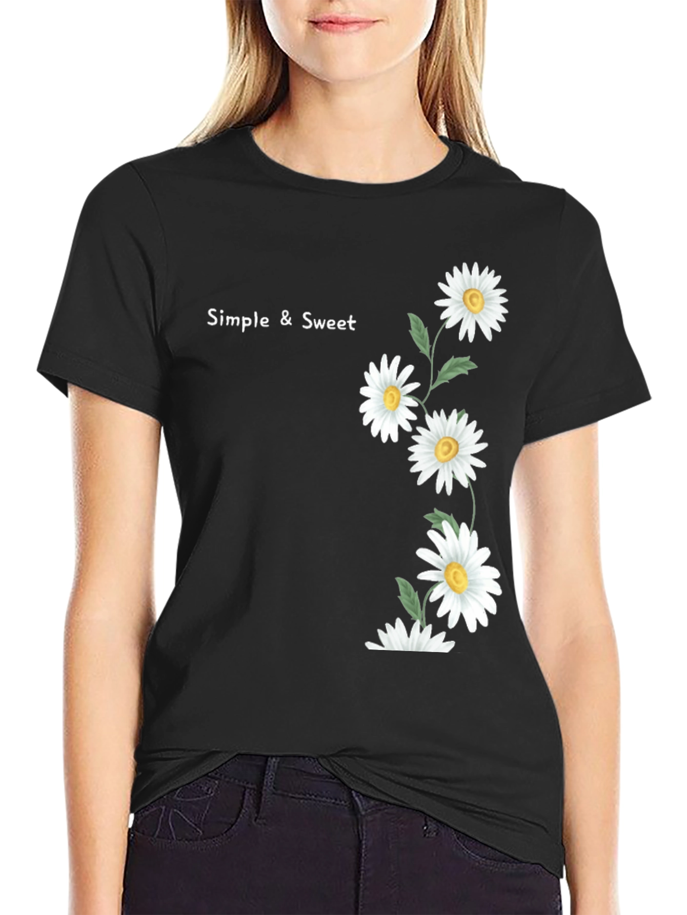 Simple & Sweet Daisy Graphic Black T-Shirt