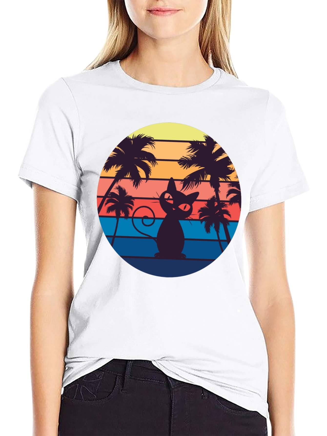 Retro Cat Palm Sunset T-Shirt
