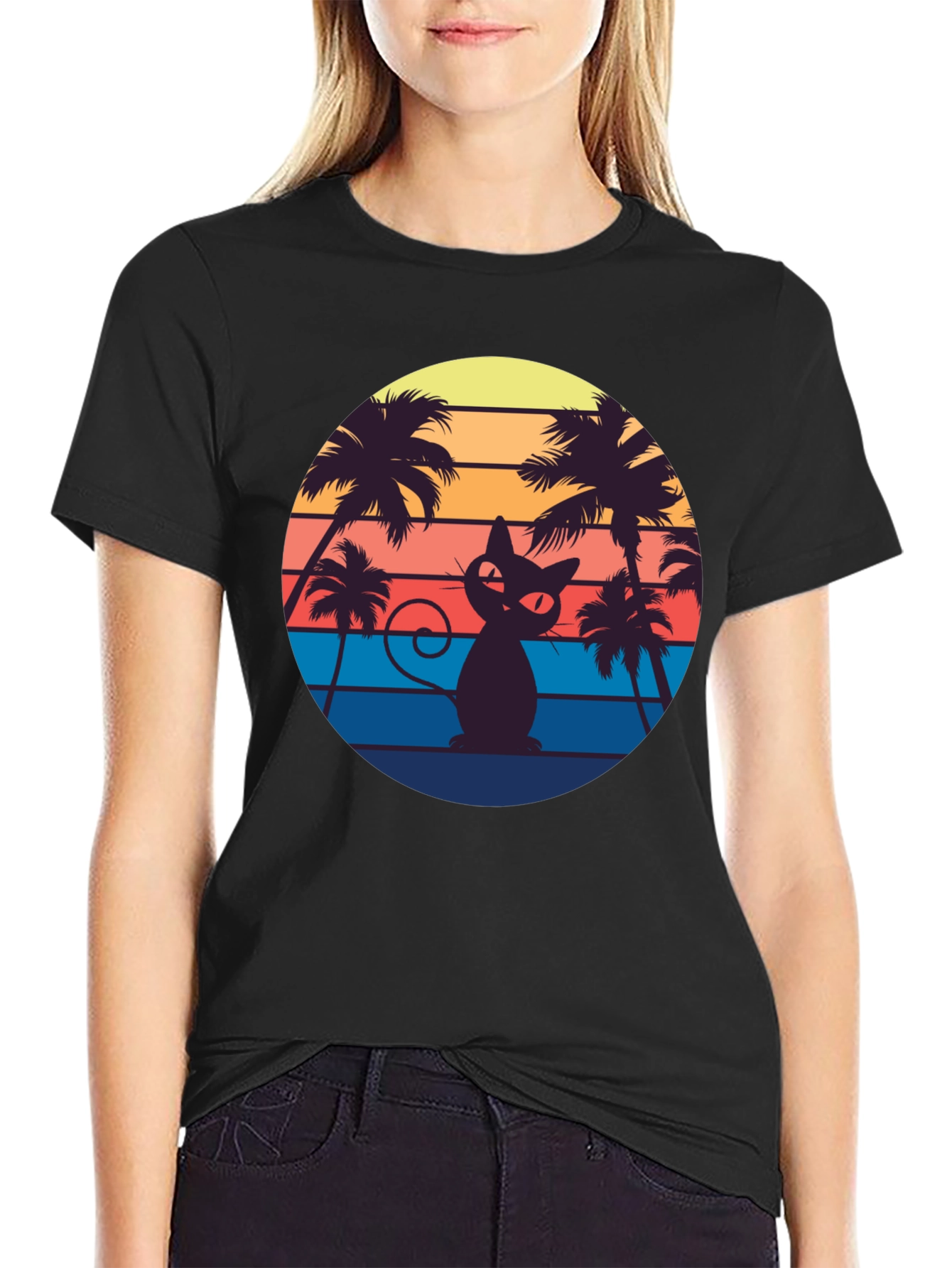 Retro Cat Palm Sunset T-Shirt