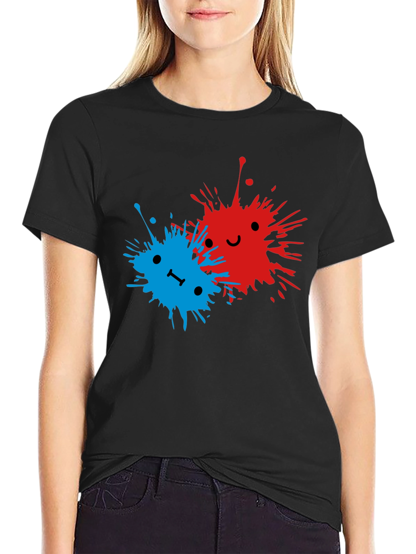 Cute Splatter Face Graphic Tee - Black