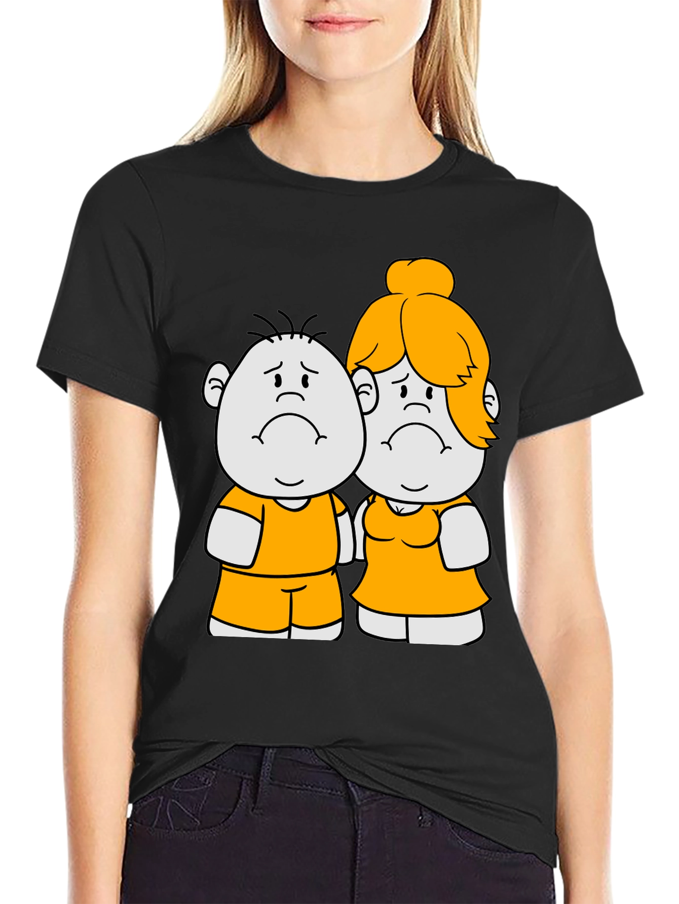 Cartoon Couple Graphic Tee - Black