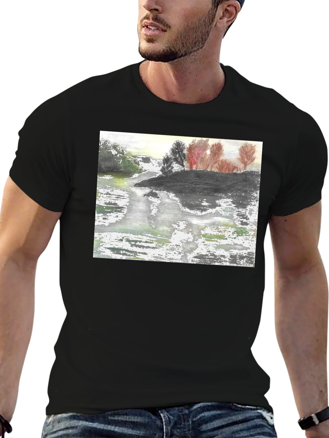 Nature River Painting Black Tee