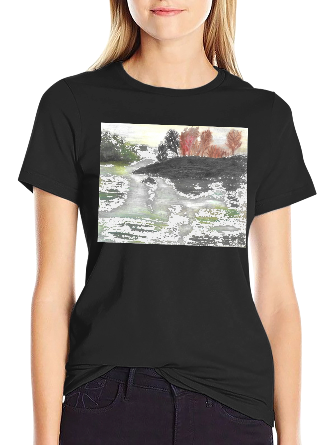 Nature River Painting Black Tee