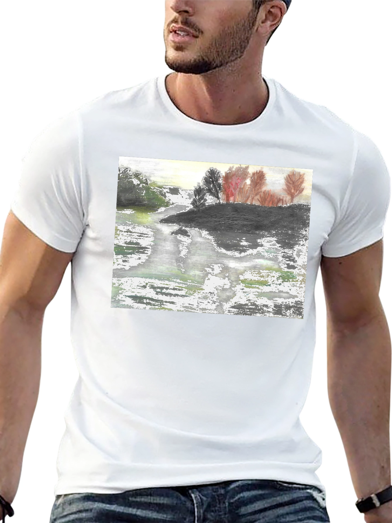 Nature River Painting Black Tee
