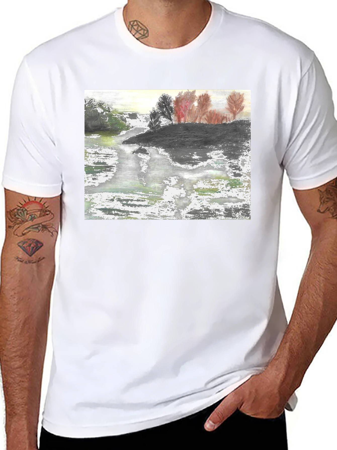 Nature River Painting Black Tee