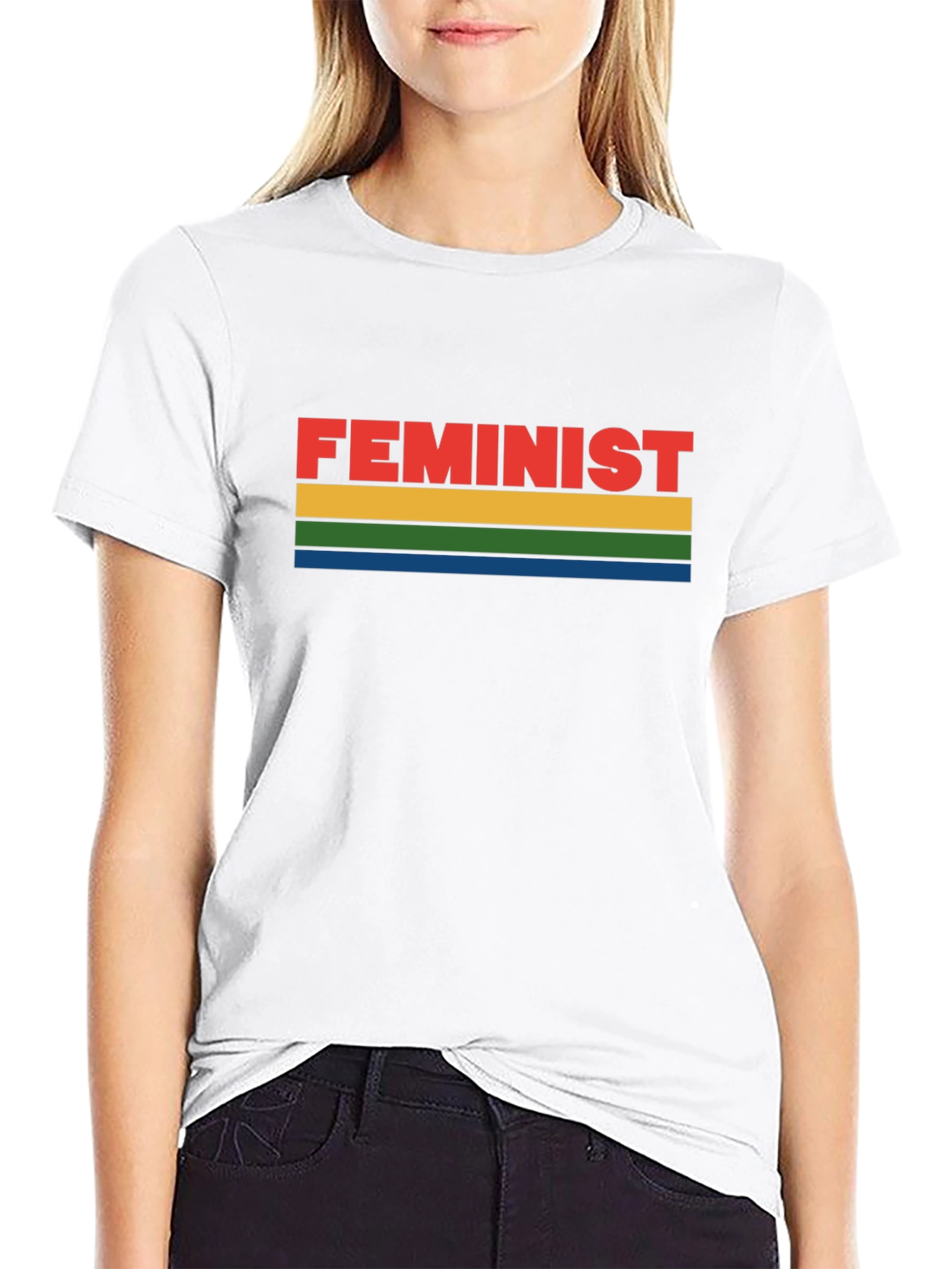 Feminist Rainbow Striped Graphic Tee - Black