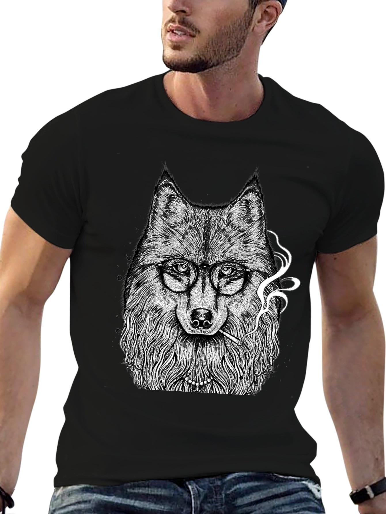 Wolf with Glasses Graphic Tee - Black
