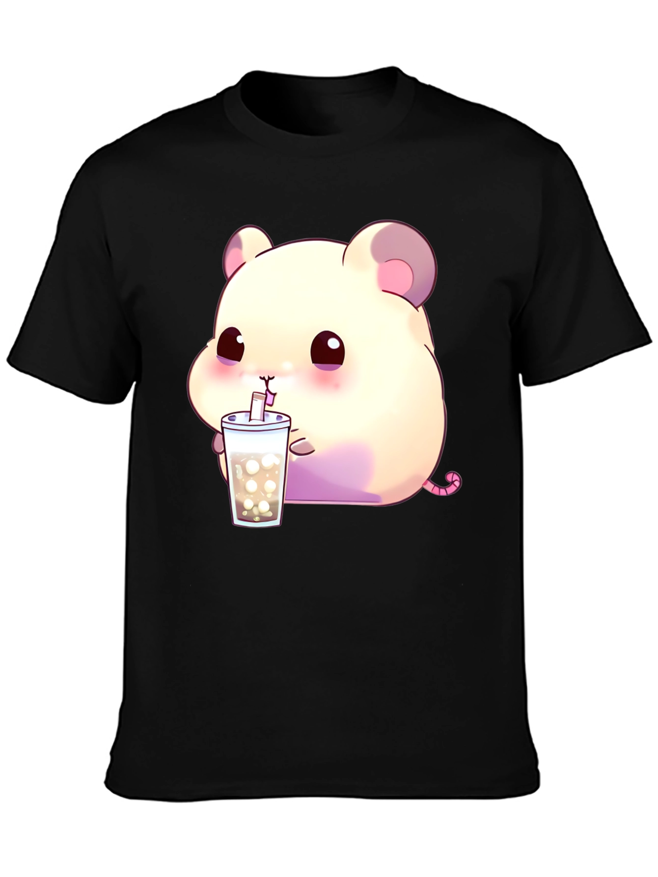 Cute Hamster Bubble Tea Graphic T-Shirt - Black