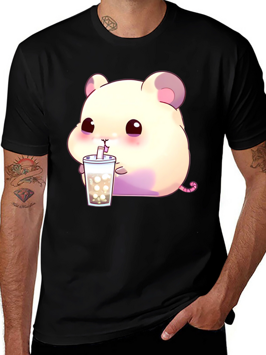 Cute Hamster Bubble Tea Graphic T-Shirt - Black