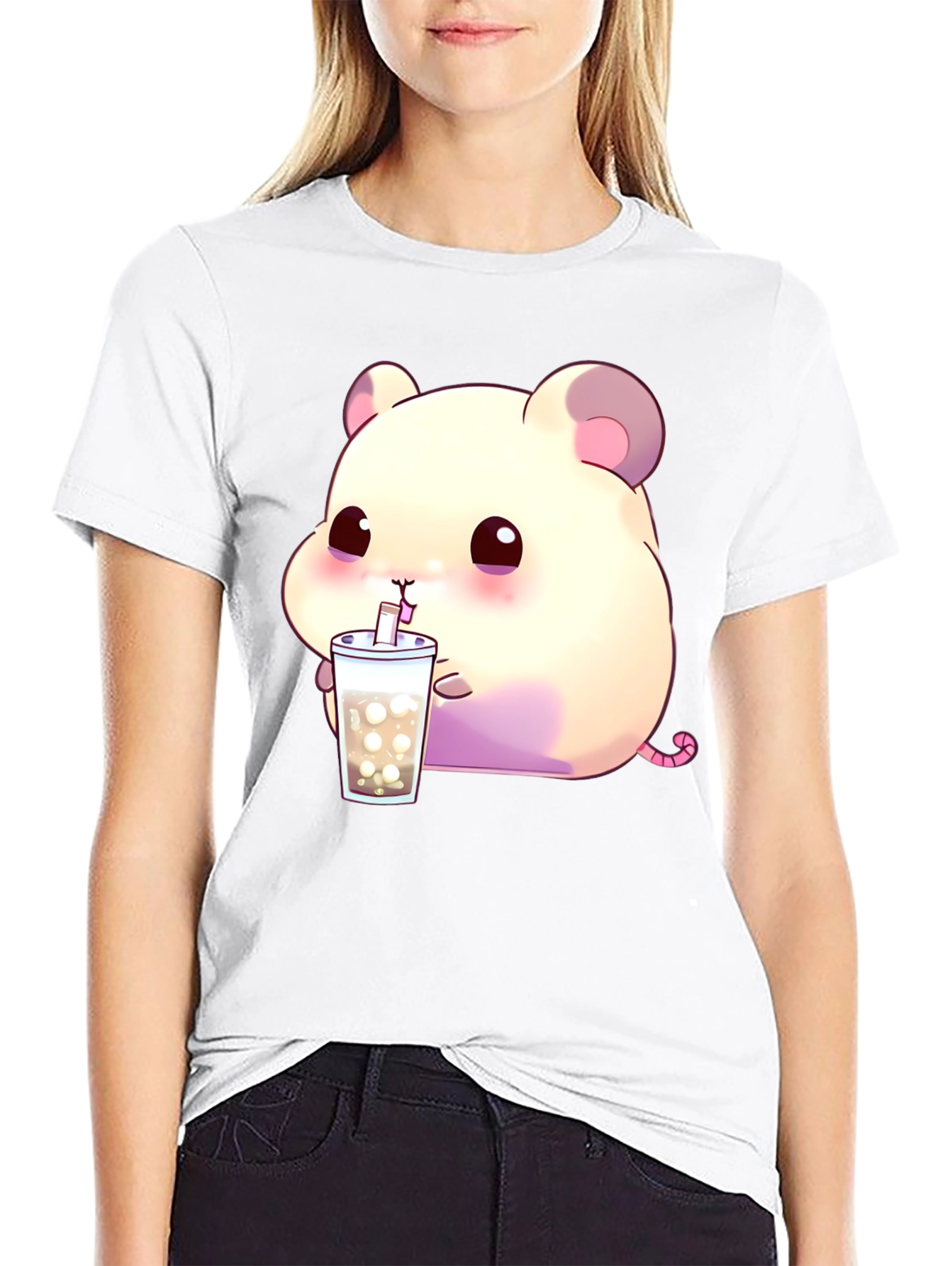 Cute Hamster Bubble Tea Graphic T-Shirt - Black