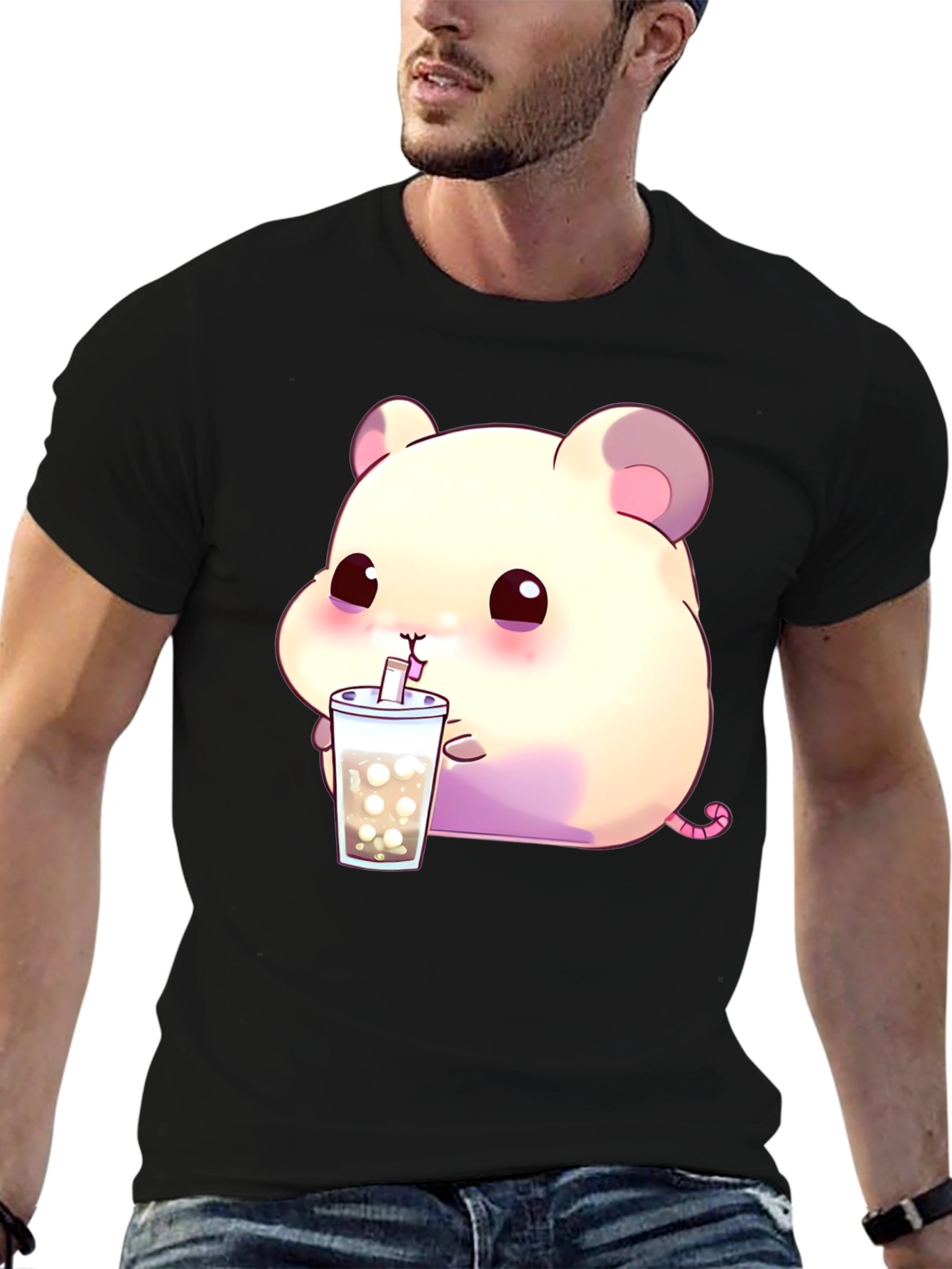 Cute Hamster Bubble Tea Graphic T-Shirt - Black