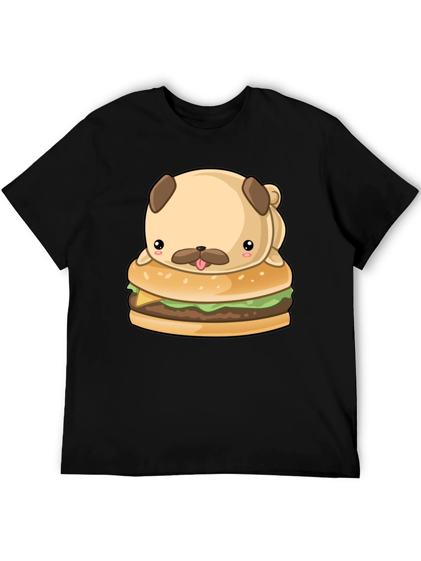 Cute Pug Burger Graphic Black T-Shirt