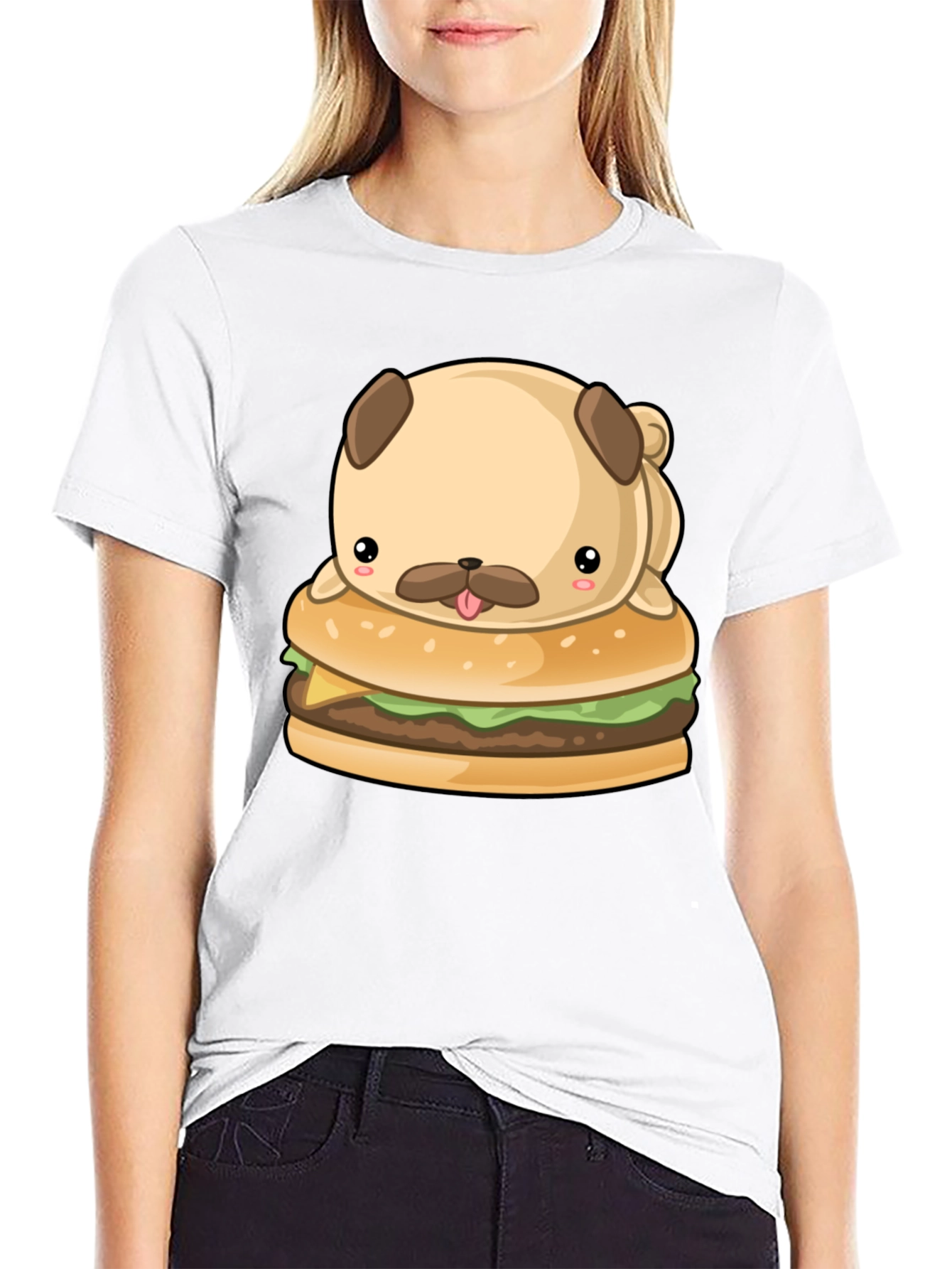 Cute Pug Burger Graphic Black T-Shirt