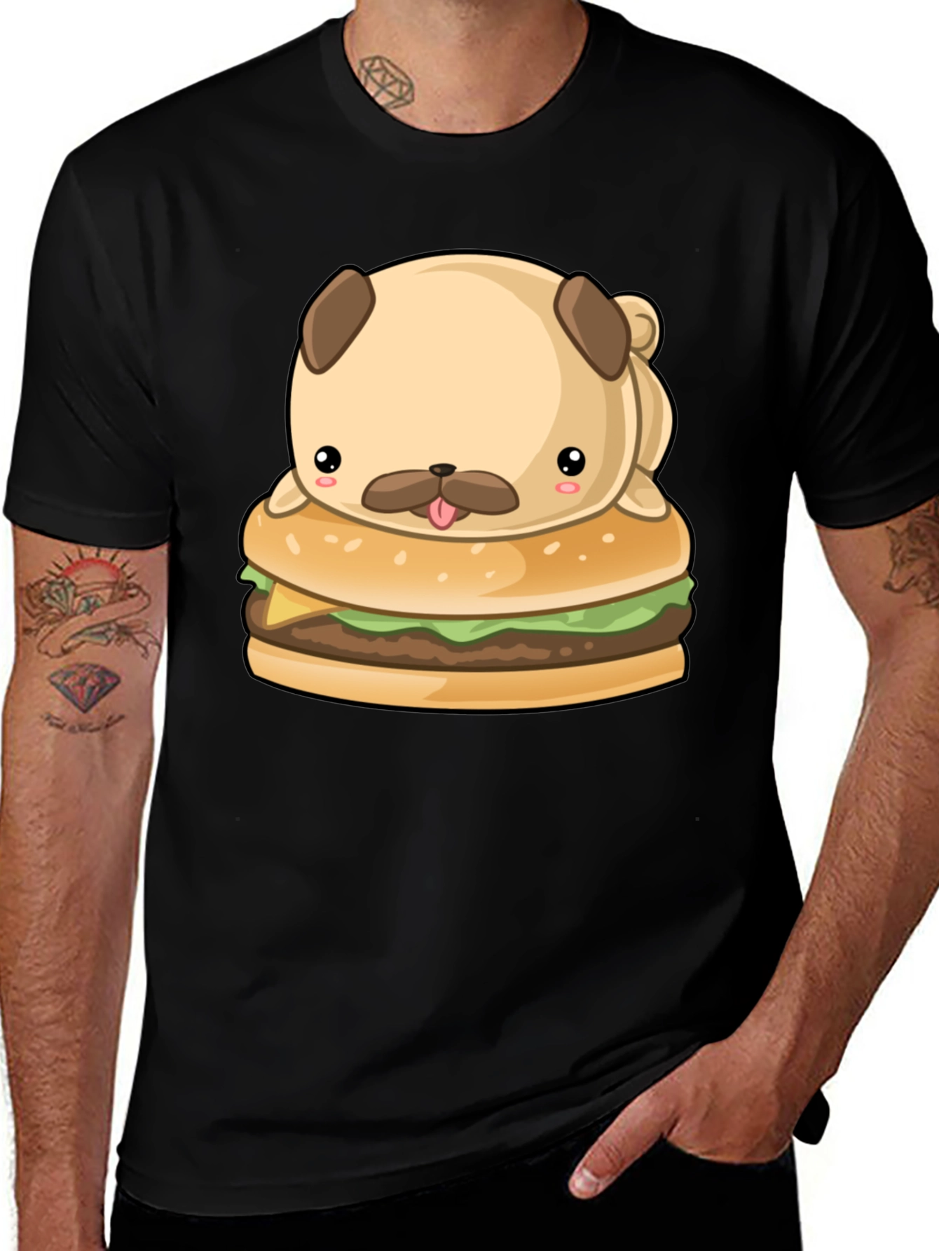 Cute Pug Burger Graphic Black T-Shirt