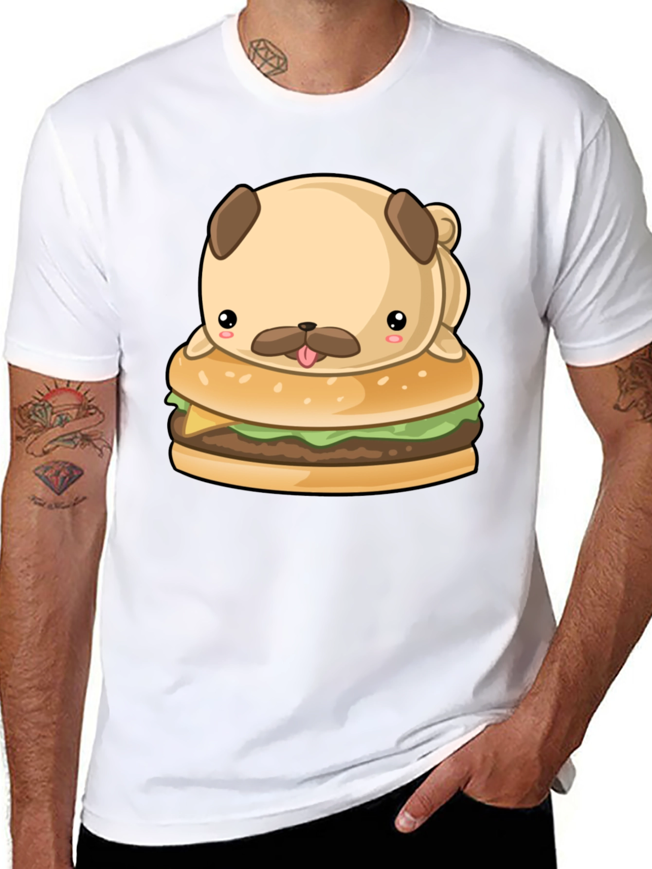 Cute Pug Burger Graphic Black T-Shirt