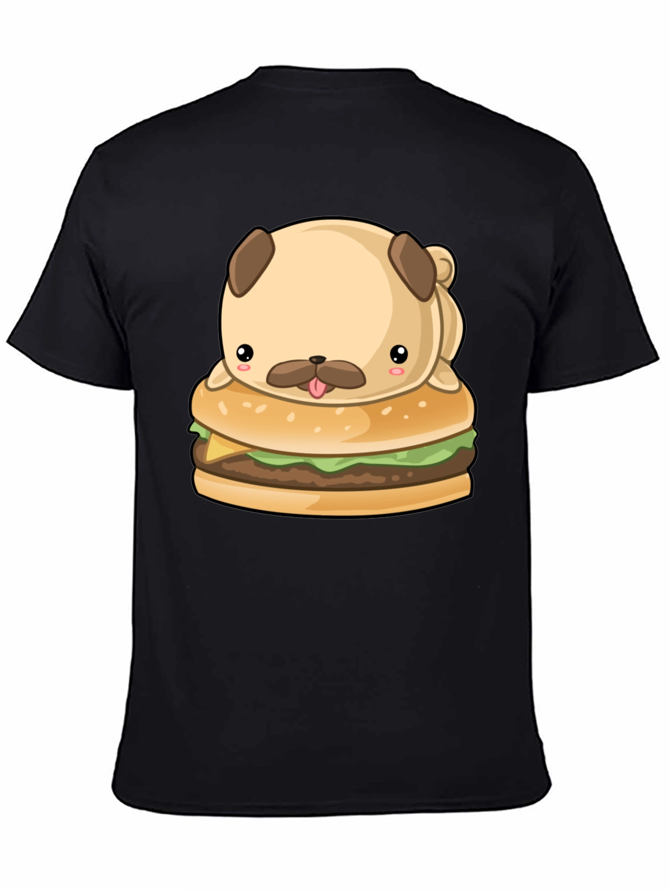 Cute Pug Burger Graphic Black T-Shirt