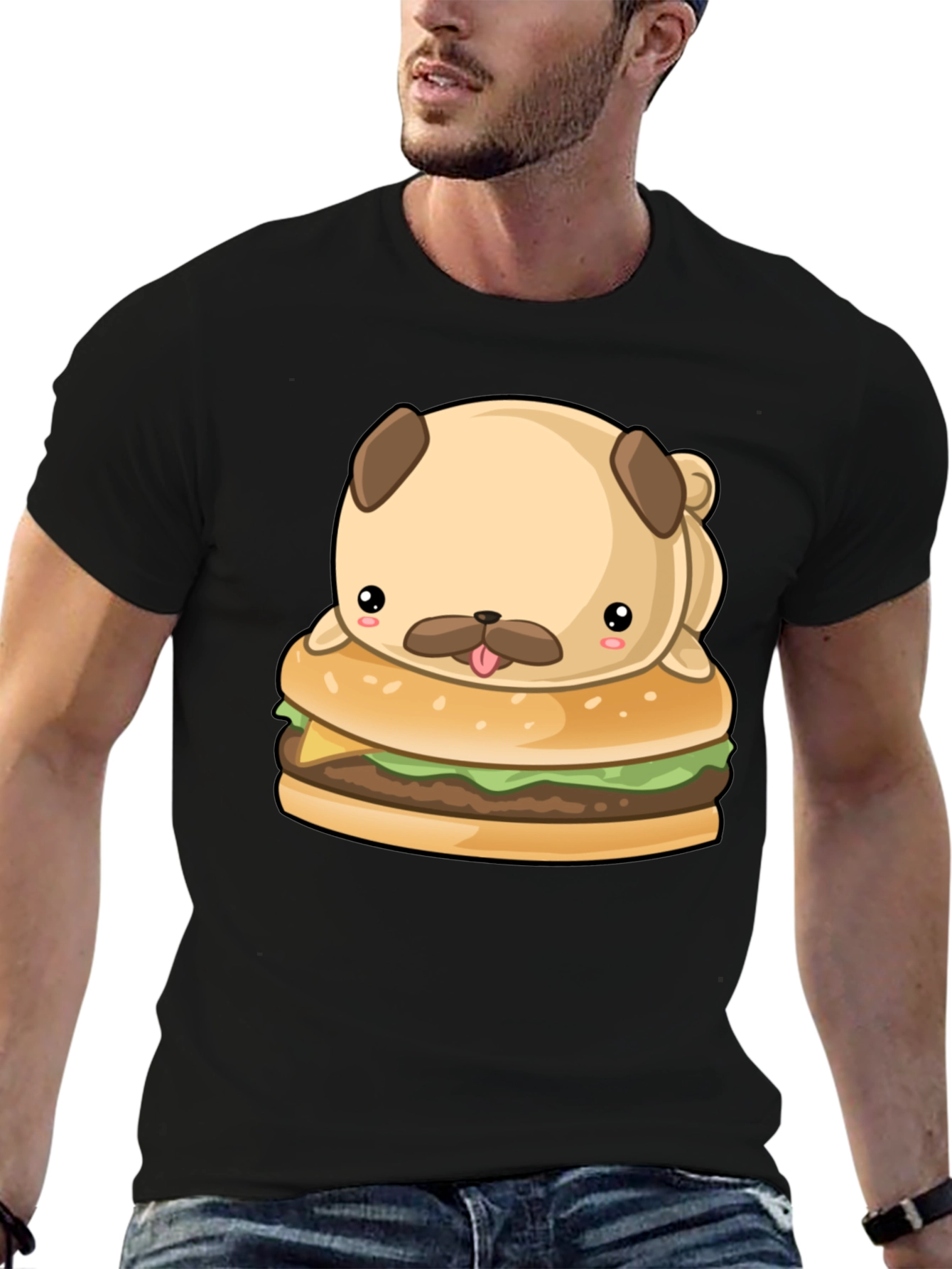 Cute Pug Burger Graphic Black T-Shirt