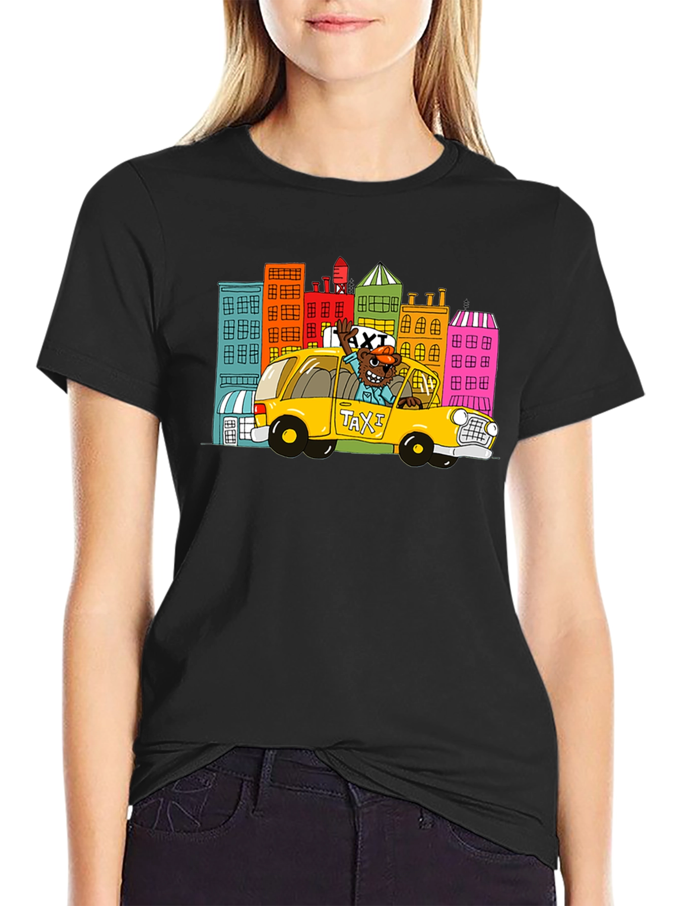 Cartoon Taxi Graphic Tee - Black
