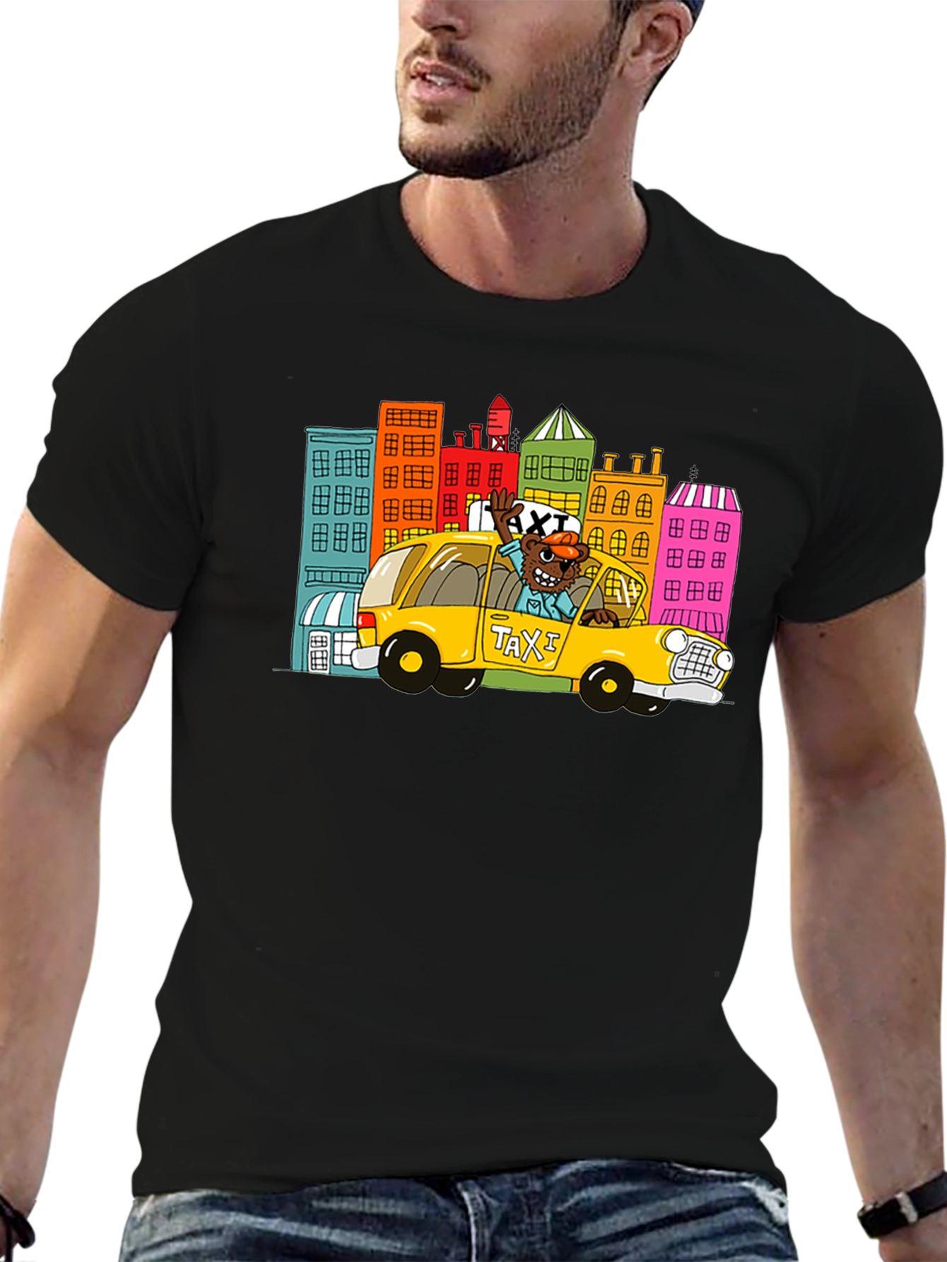 Cartoon Taxi Graphic Tee - Black