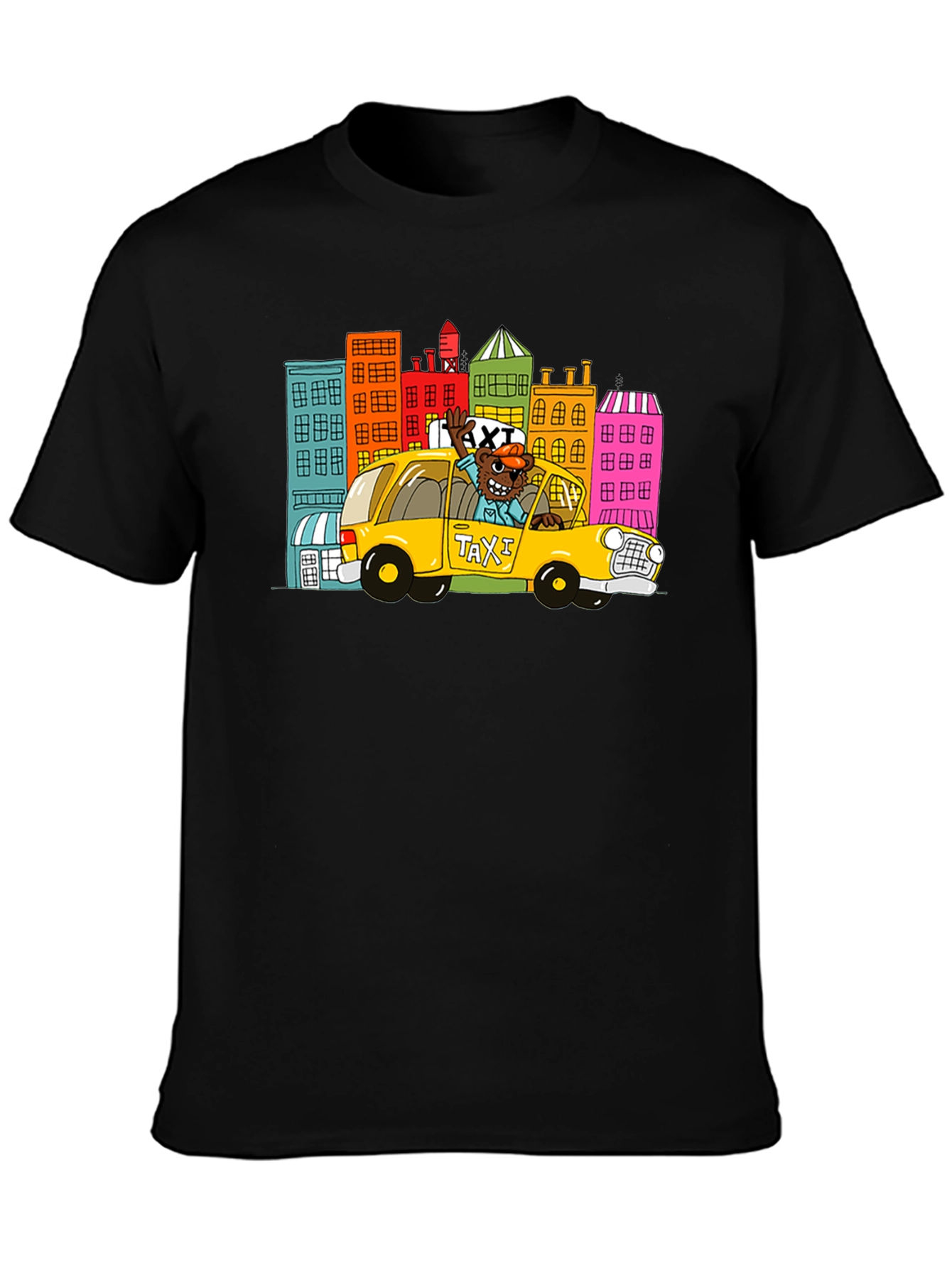 Cartoon Taxi Graphic Tee - Black