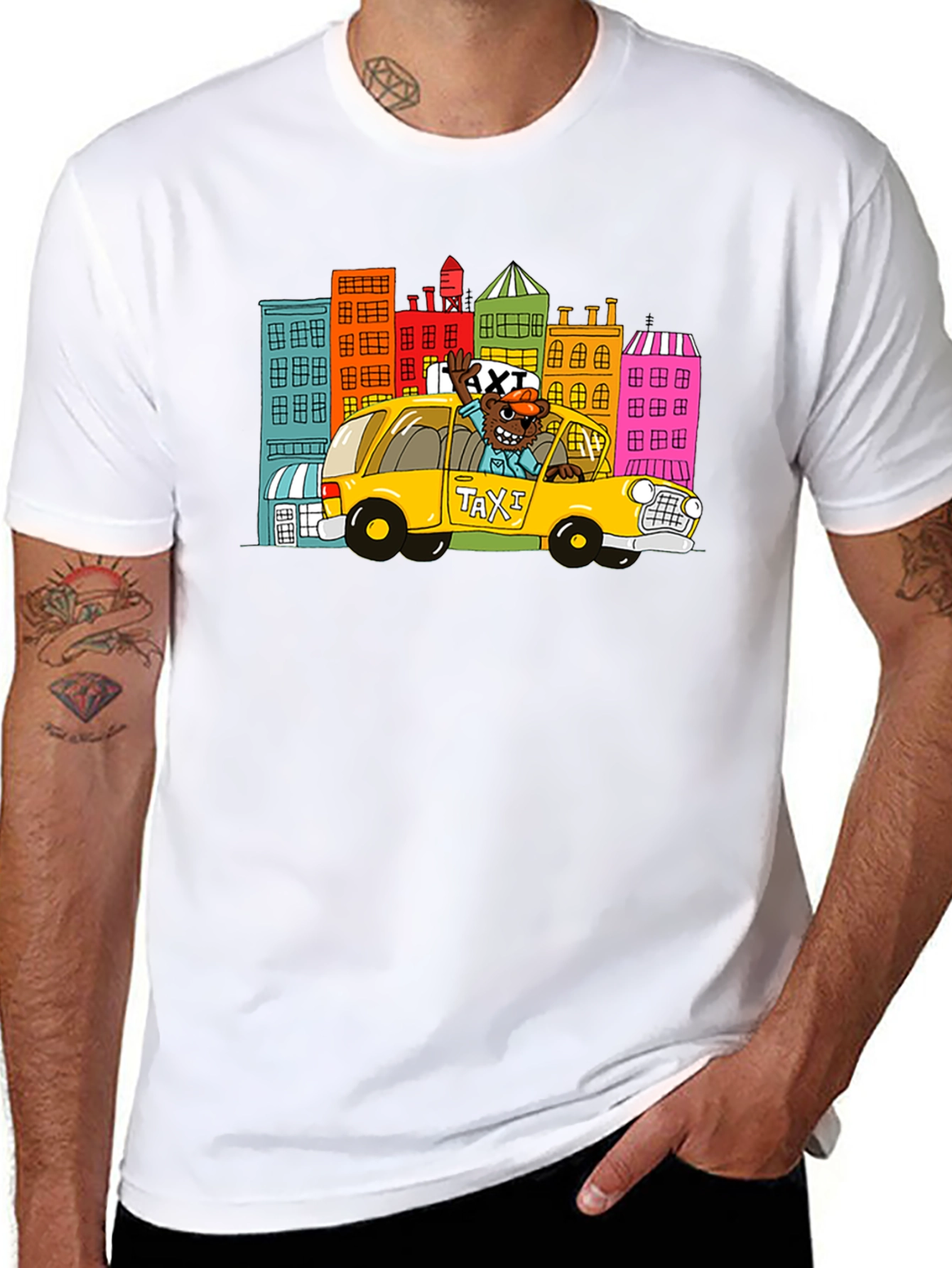 Cartoon Taxi Graphic Tee - Black