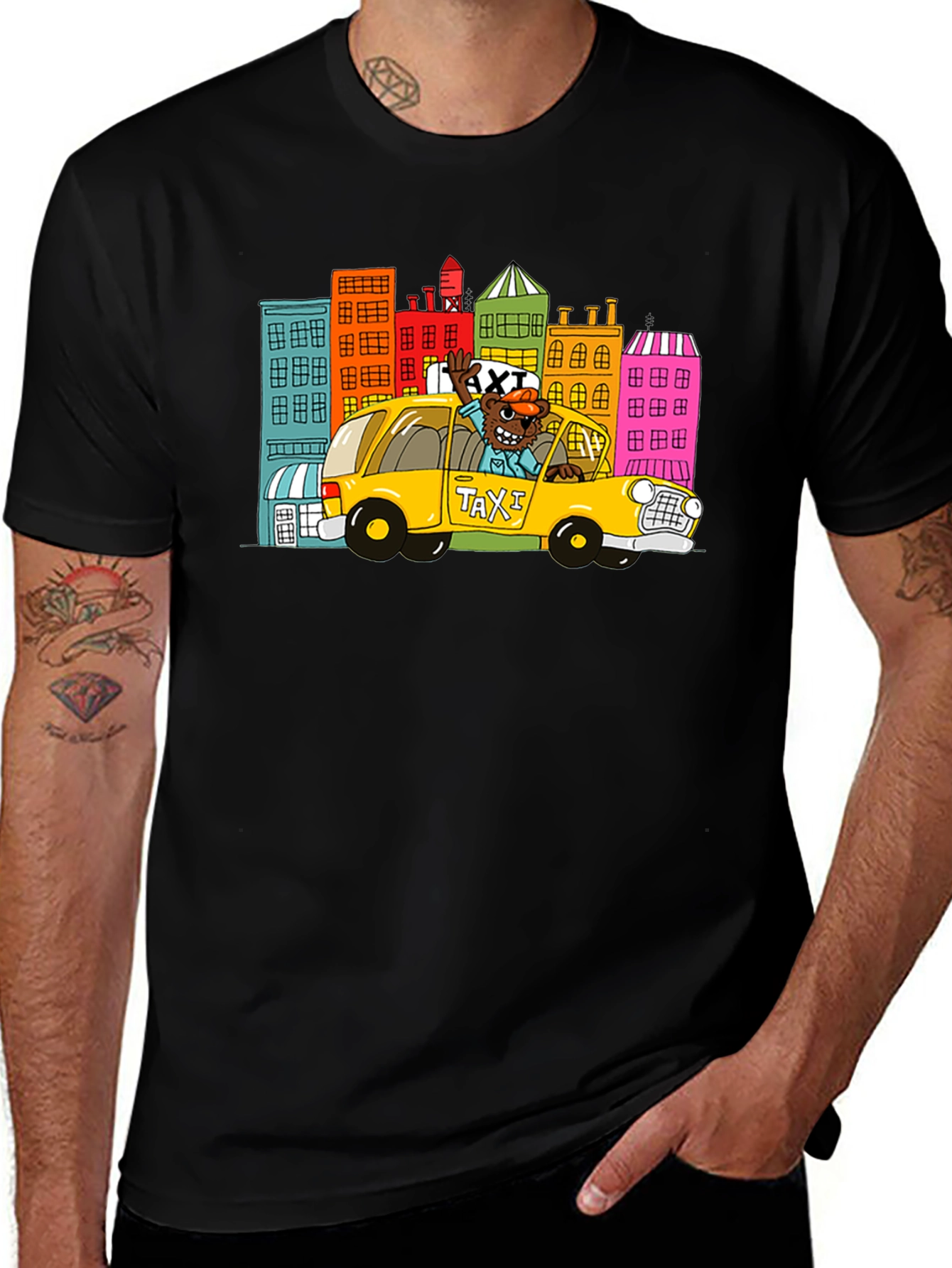 Cartoon Taxi Graphic Tee - Black