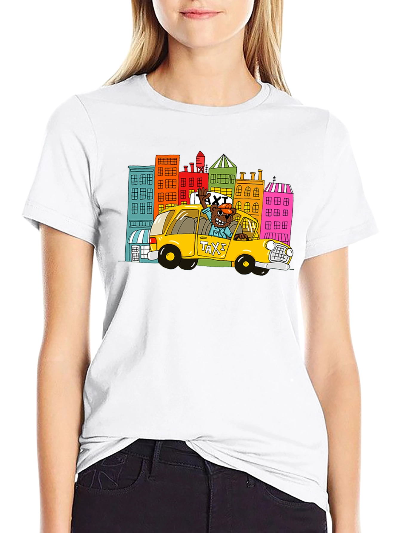 Cartoon Taxi Graphic Tee - Black