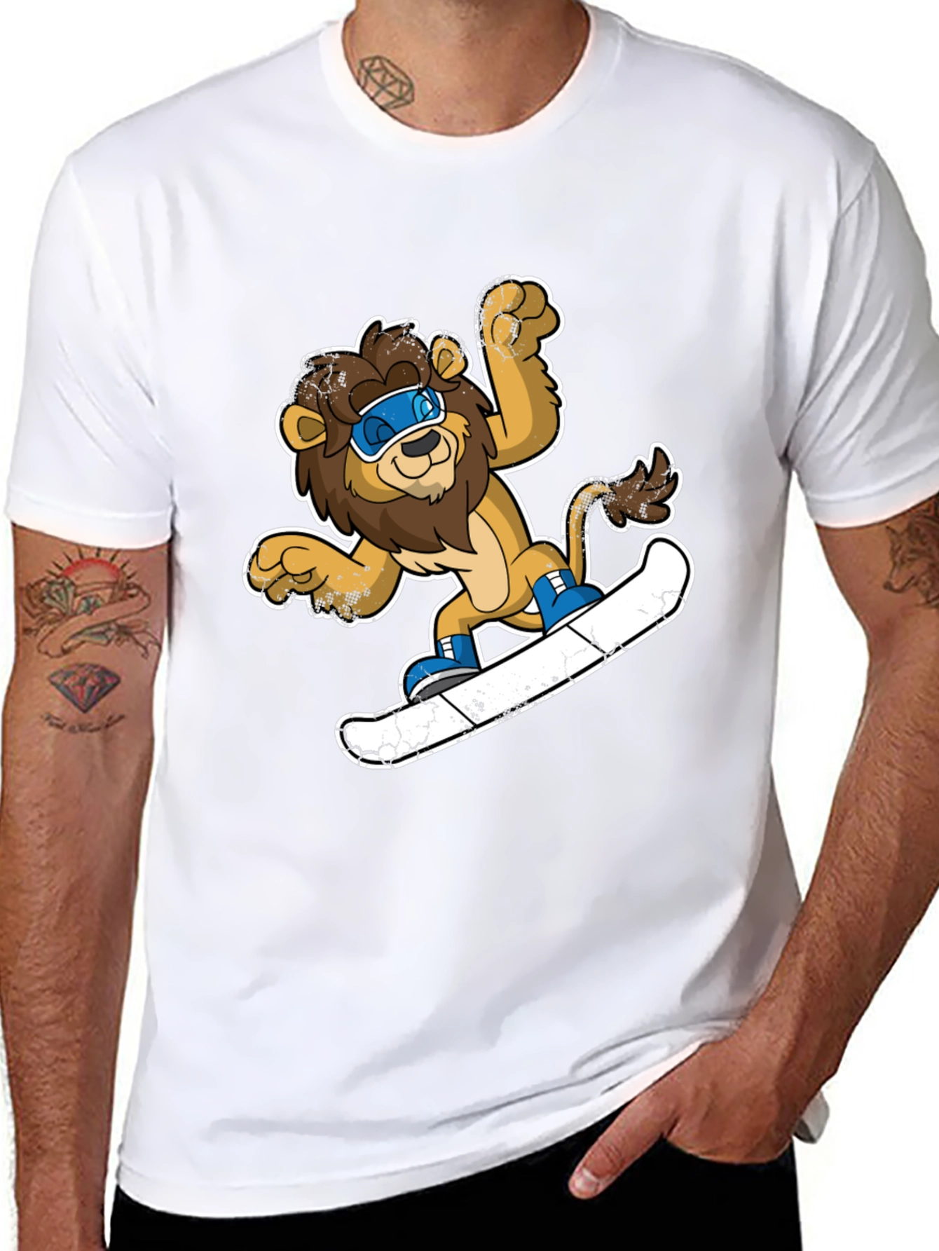 Lion Snowboarding T-Shirt - Fun Cartoon Design