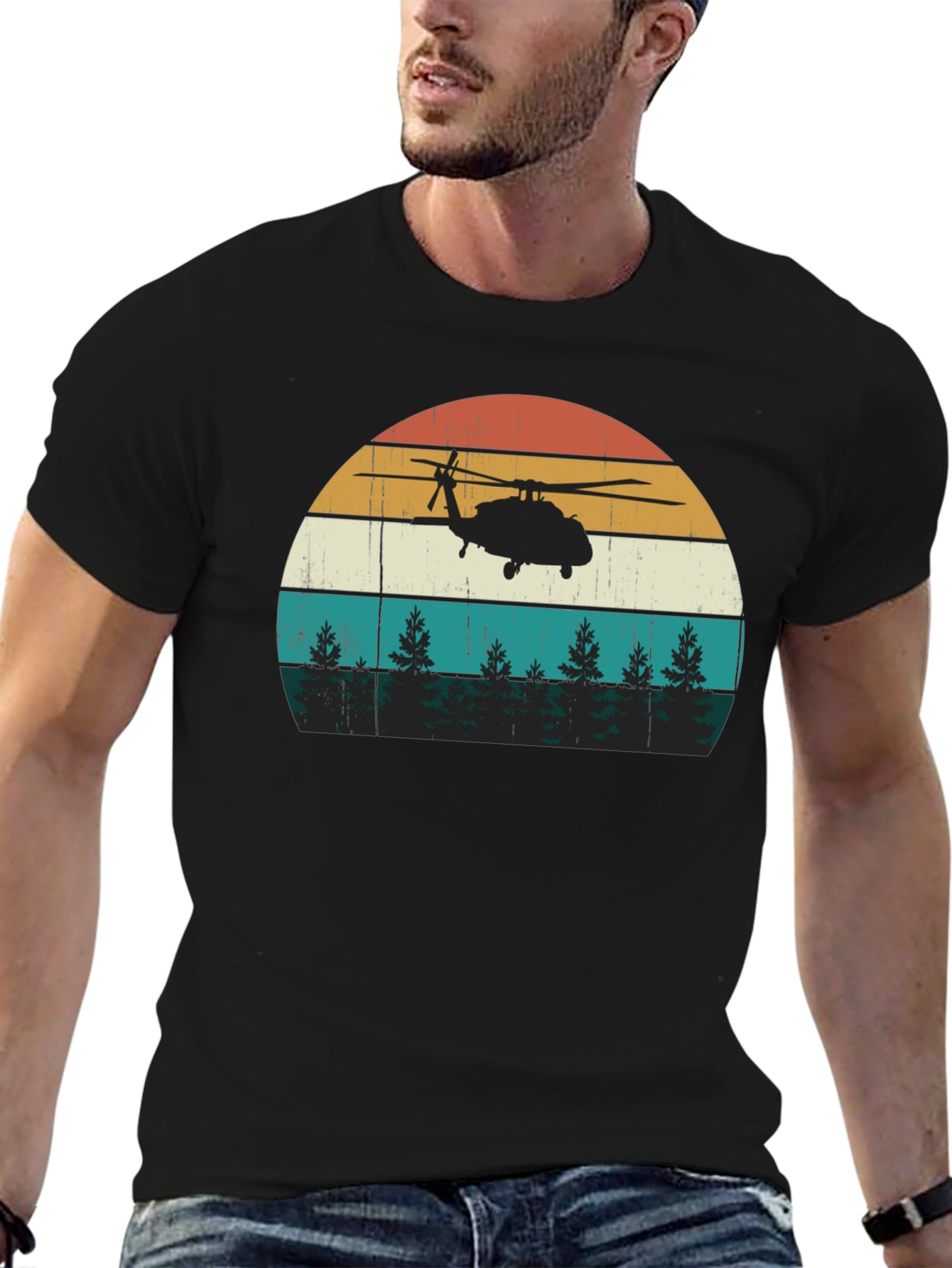 Helicopter Sunset Graphic Tee - Retro Style