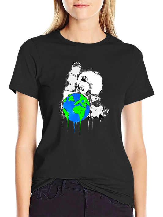 Panda Hugging Earth Graphic T-Shirt - Black