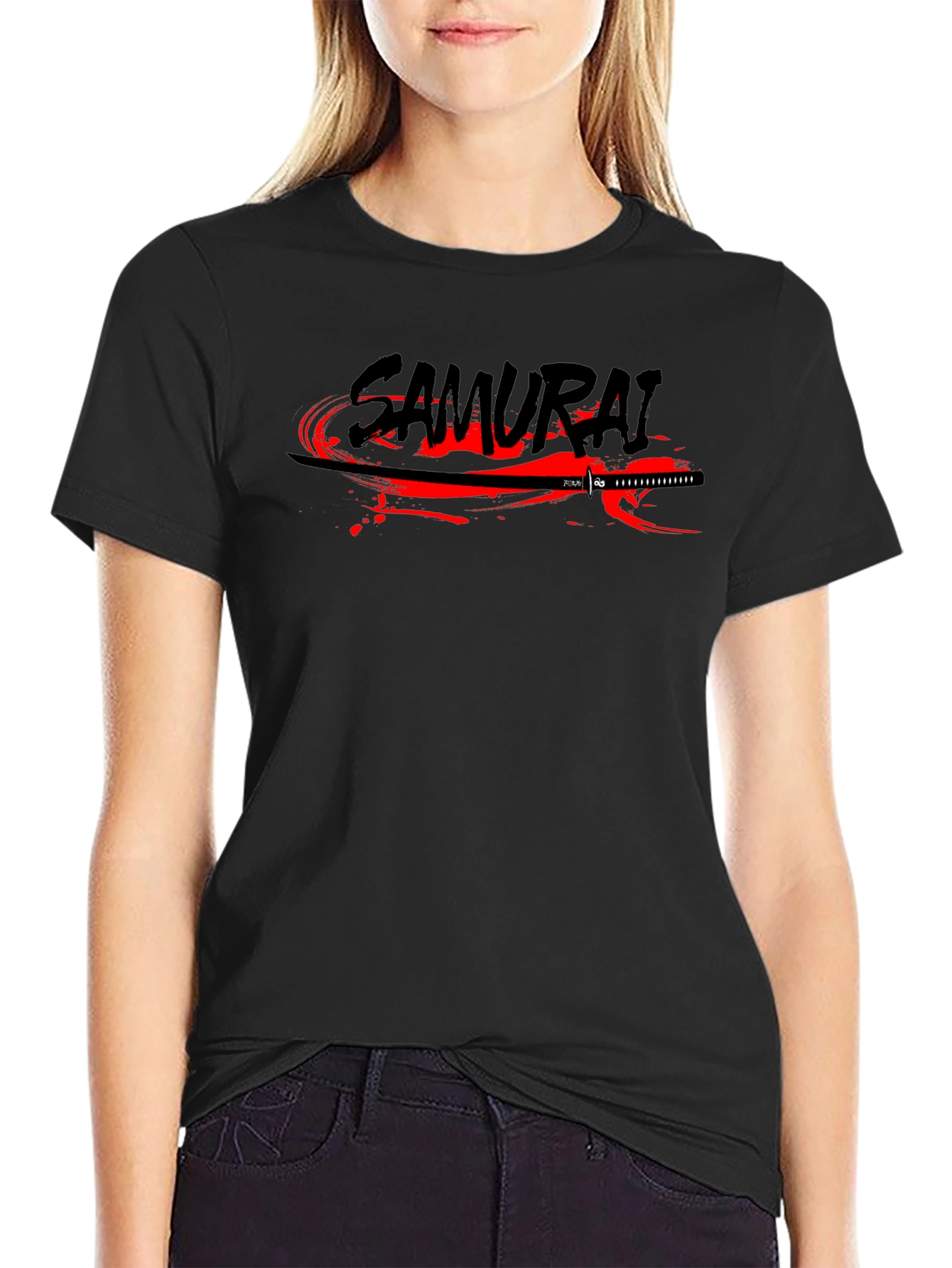 Samurai Sword Graphic Print Black T-Shirt