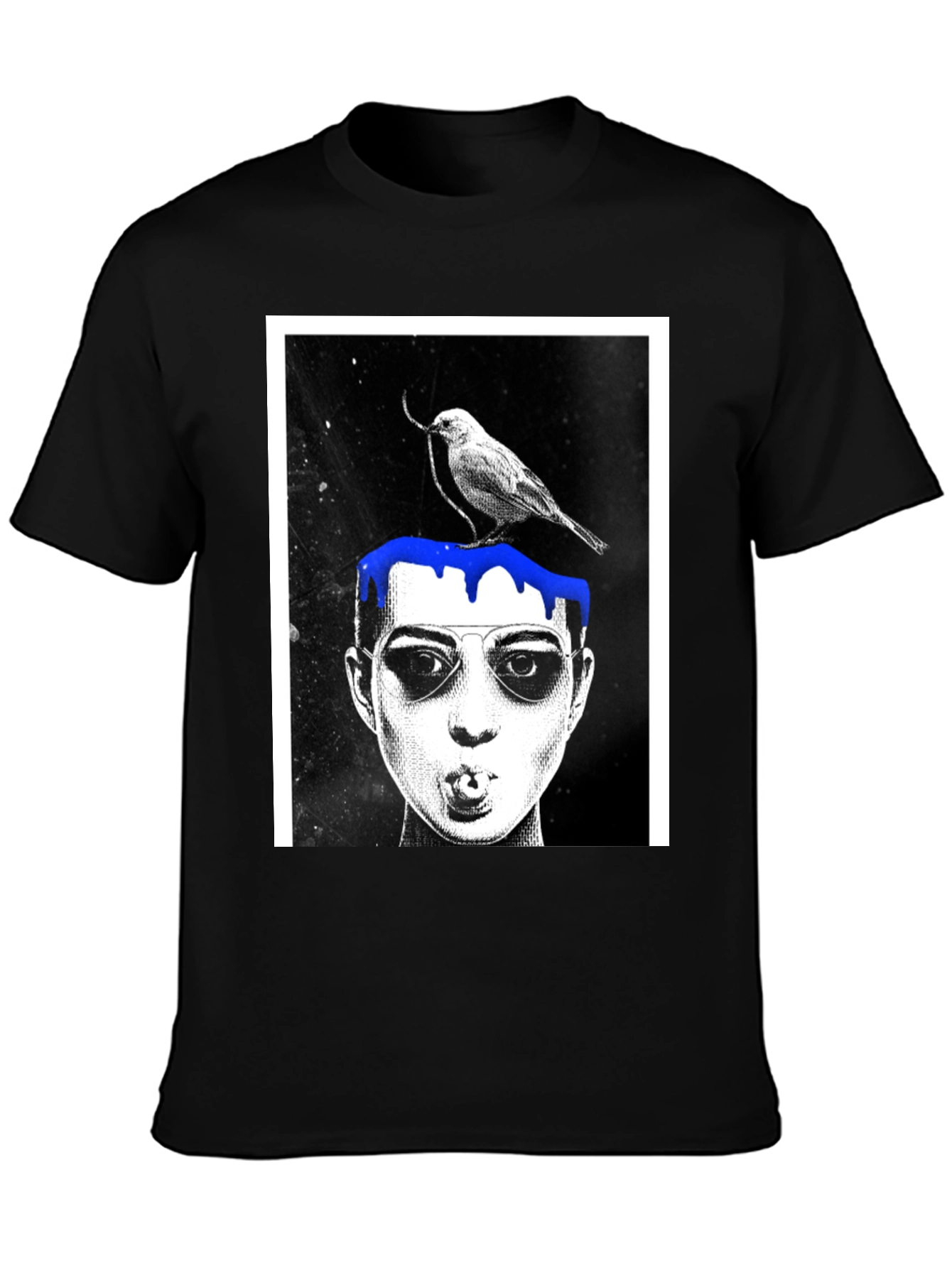 Graphic Tee: Bird & Dripping Blue Paint Design