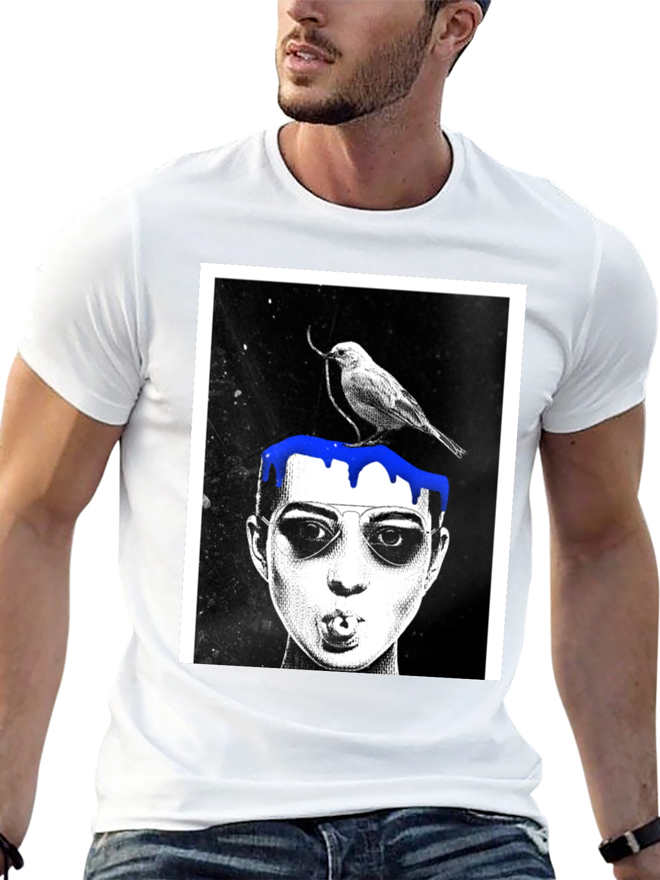 Graphic Tee: Bird & Dripping Blue Paint Design
