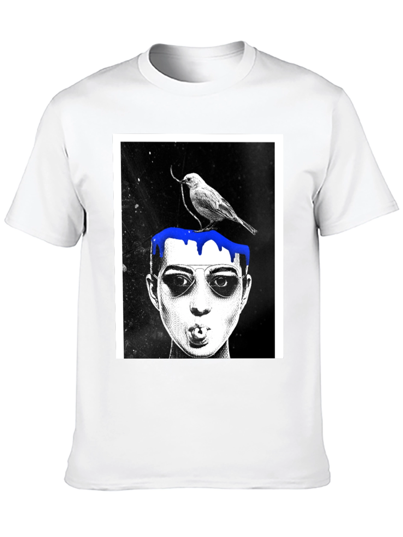 Graphic Tee: Bird & Dripping Blue Paint Design