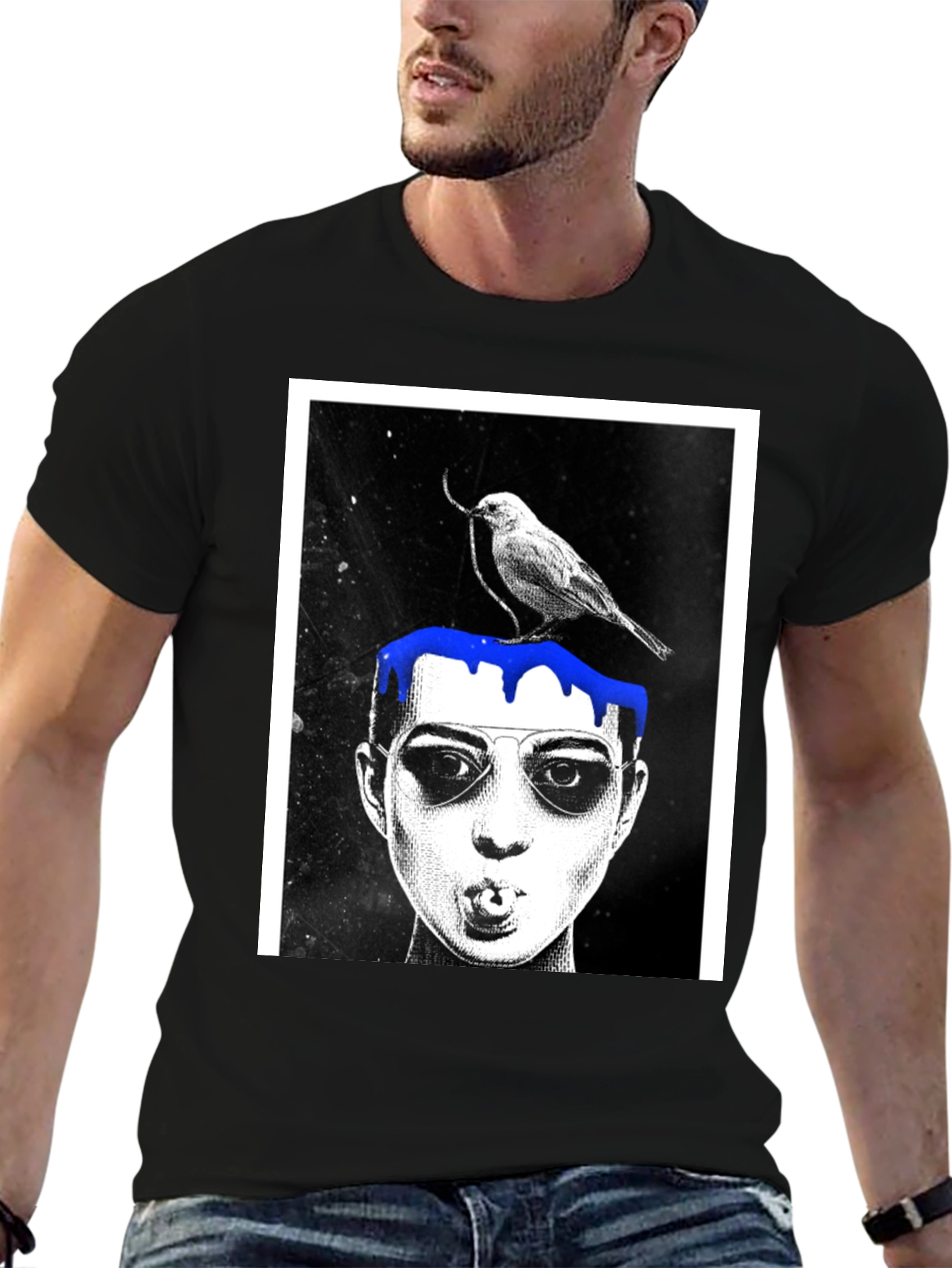 Graphic Tee: Bird & Dripping Blue Paint Design