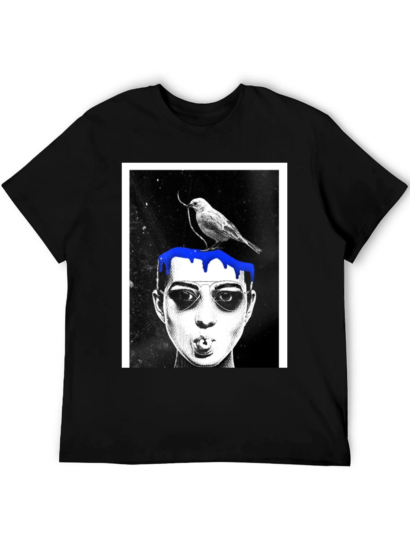 Graphic Tee: Bird & Dripping Blue Paint Design