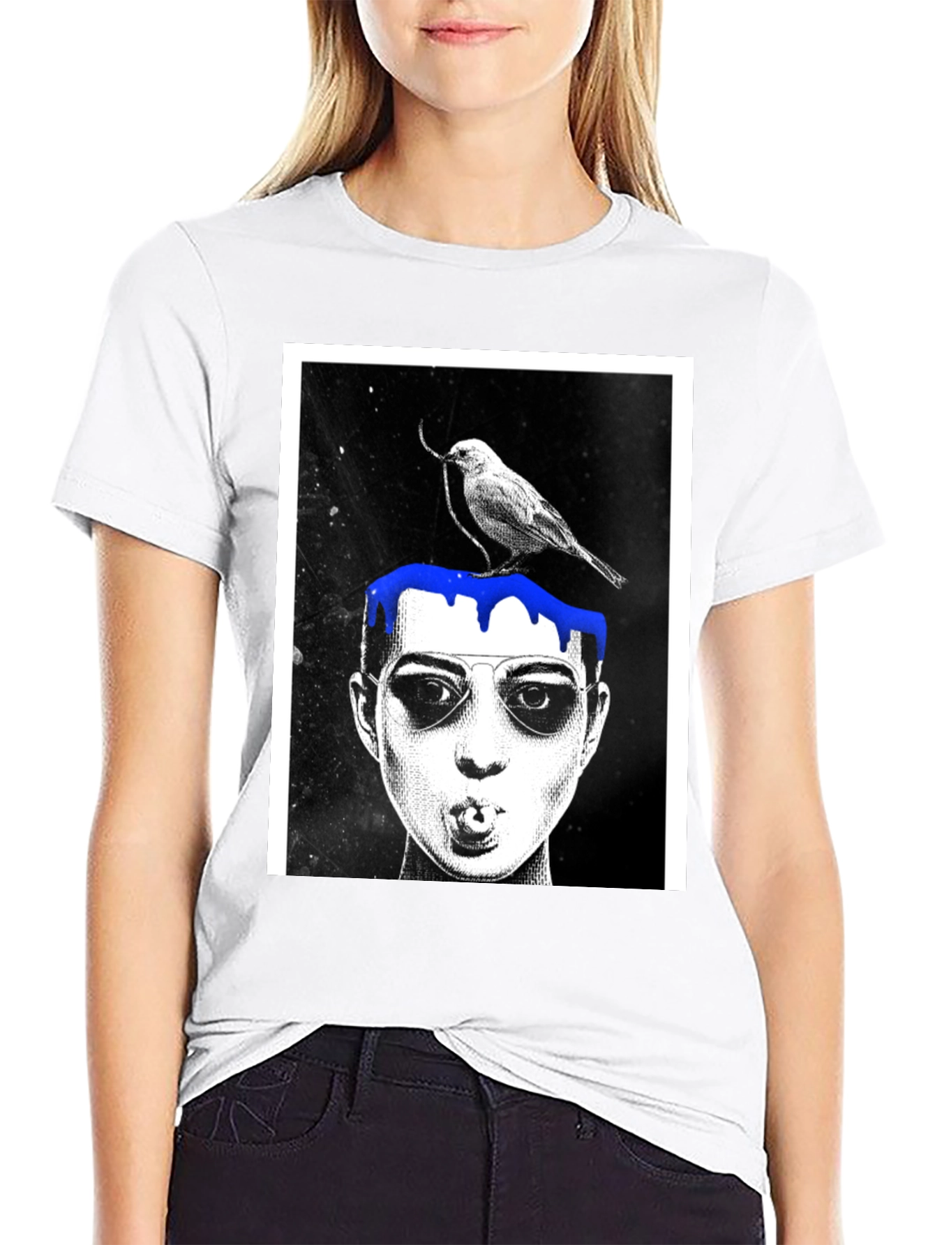Graphic Tee: Bird & Dripping Blue Paint Design