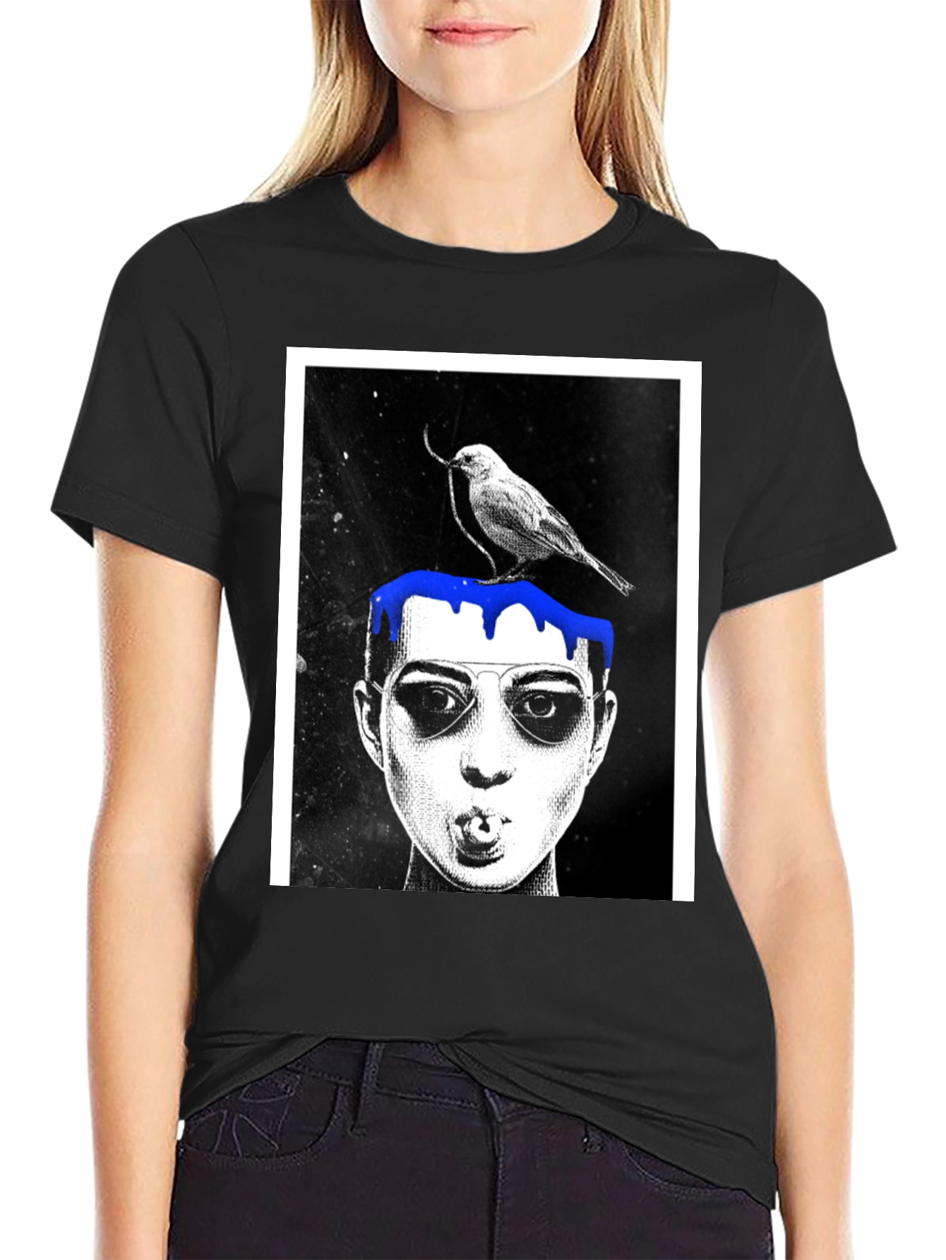 Graphic Tee: Bird & Dripping Blue Paint Design